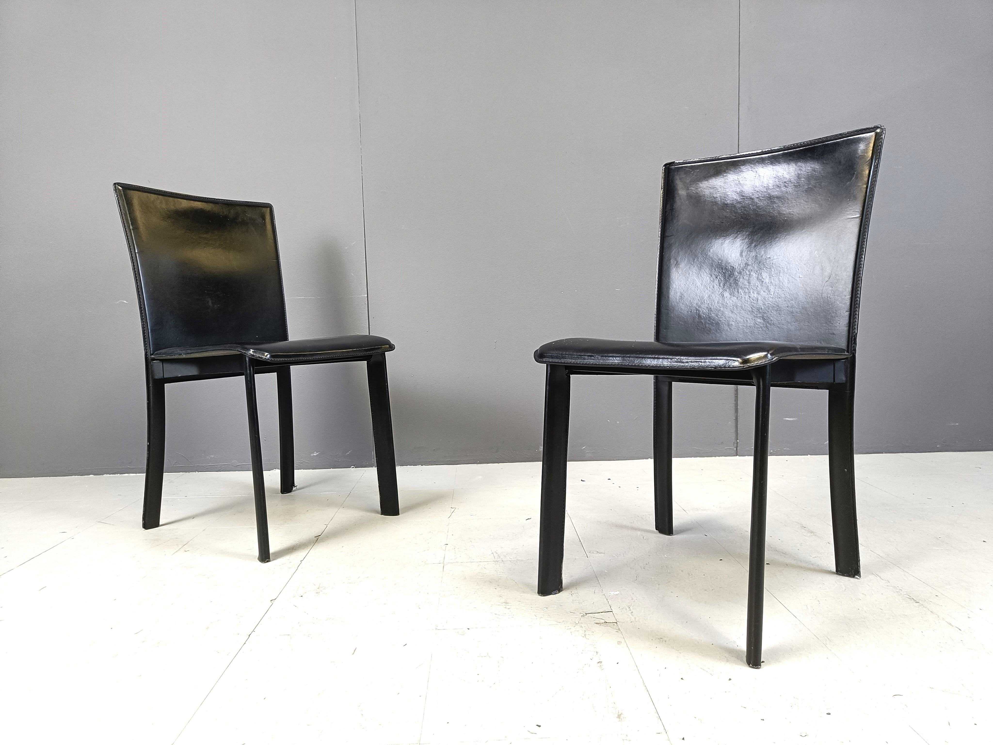Leather Vintage black leather italian dining chairs, 1980s
