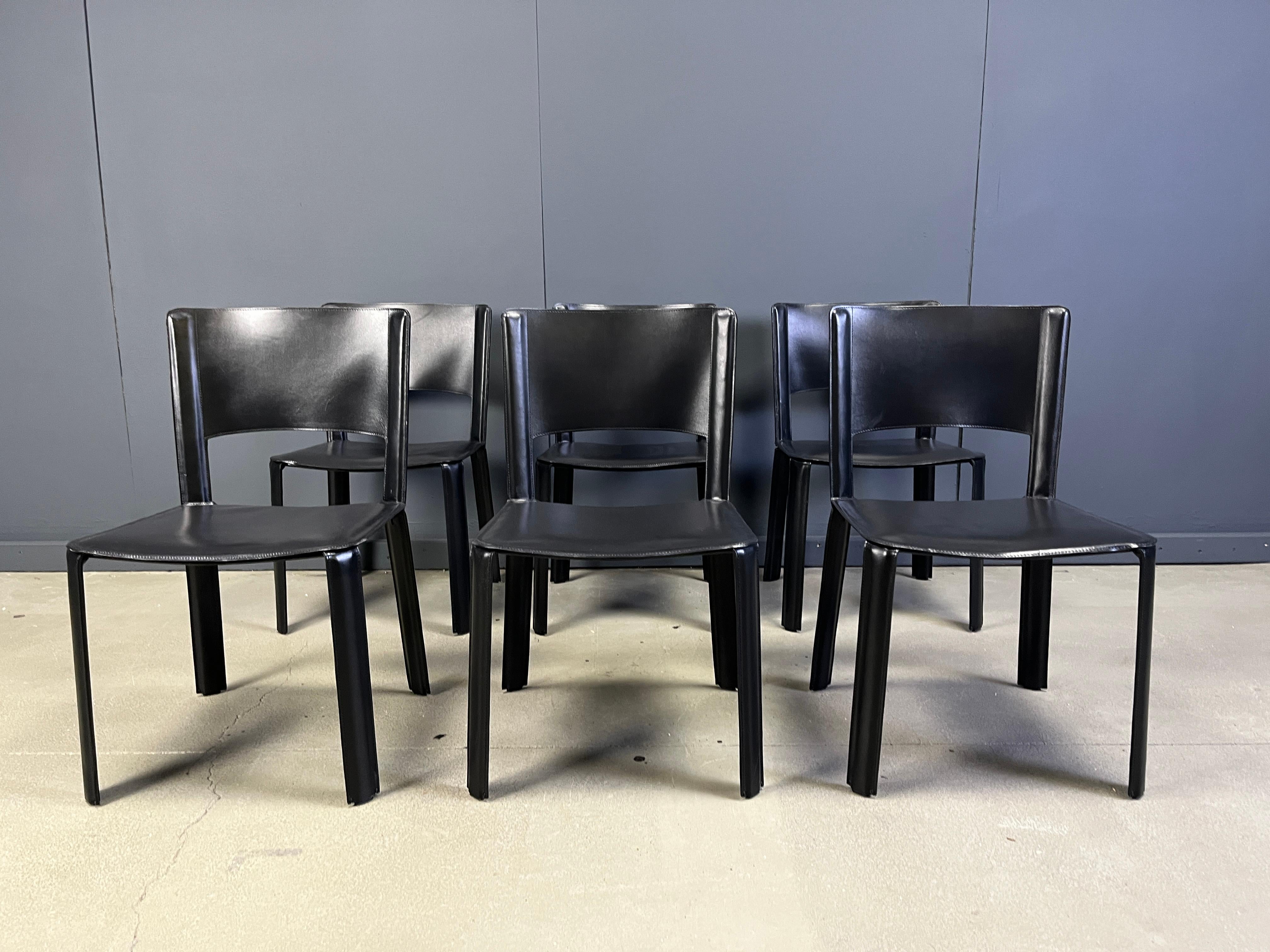 Vintage black leather italian dining chairs, set of 6 - 1980s For Sale 3