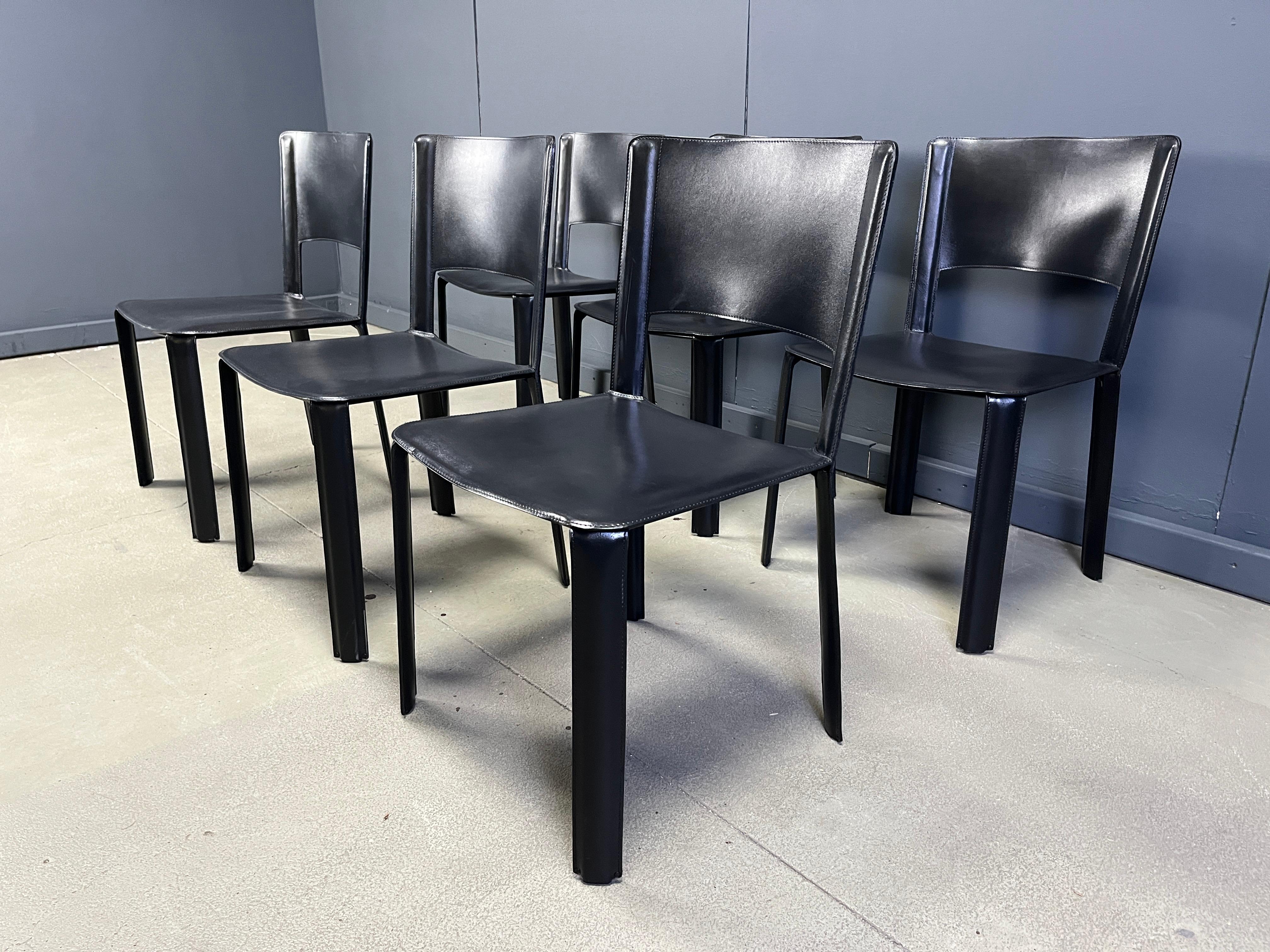 Leather Vintage black leather italian dining chairs, set of 6 - 1980s For Sale