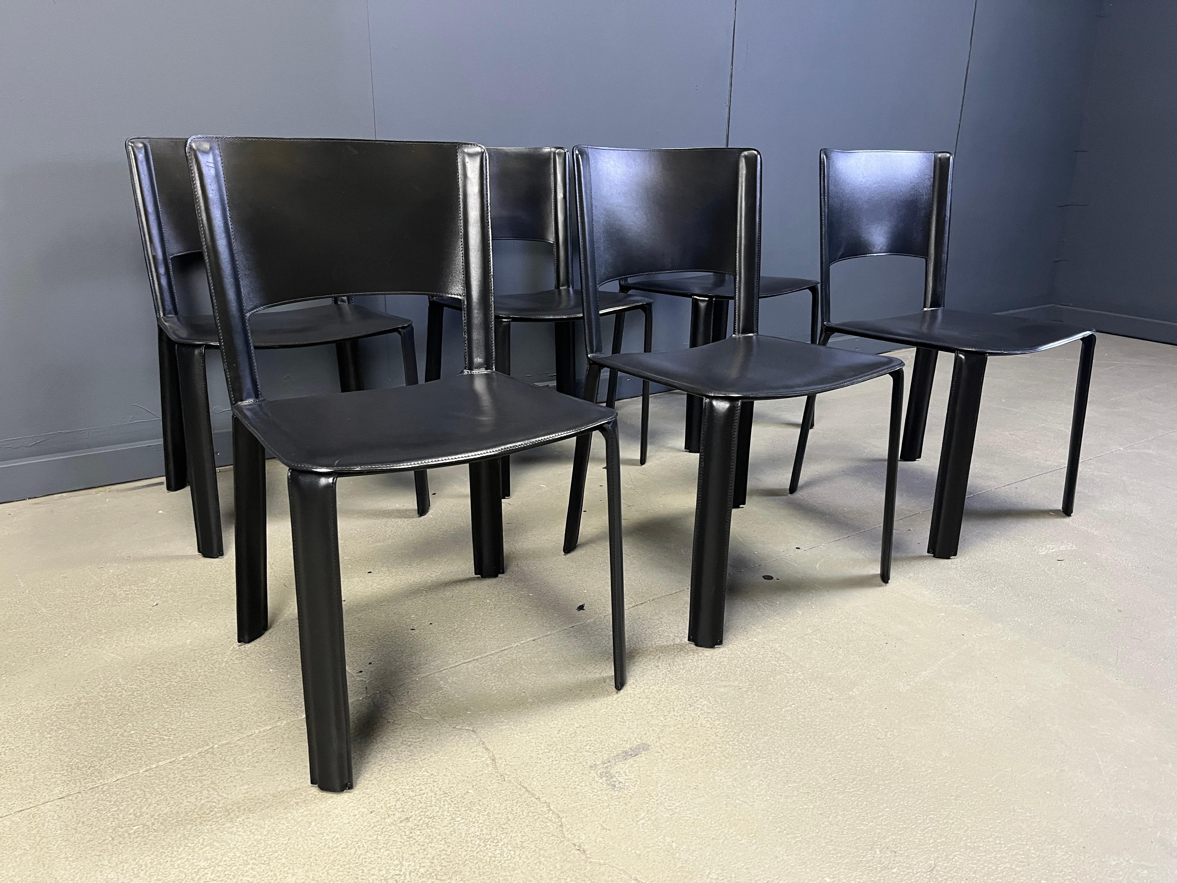 Vintage black leather italian dining chairs, set of 6 - 1980s For Sale 1