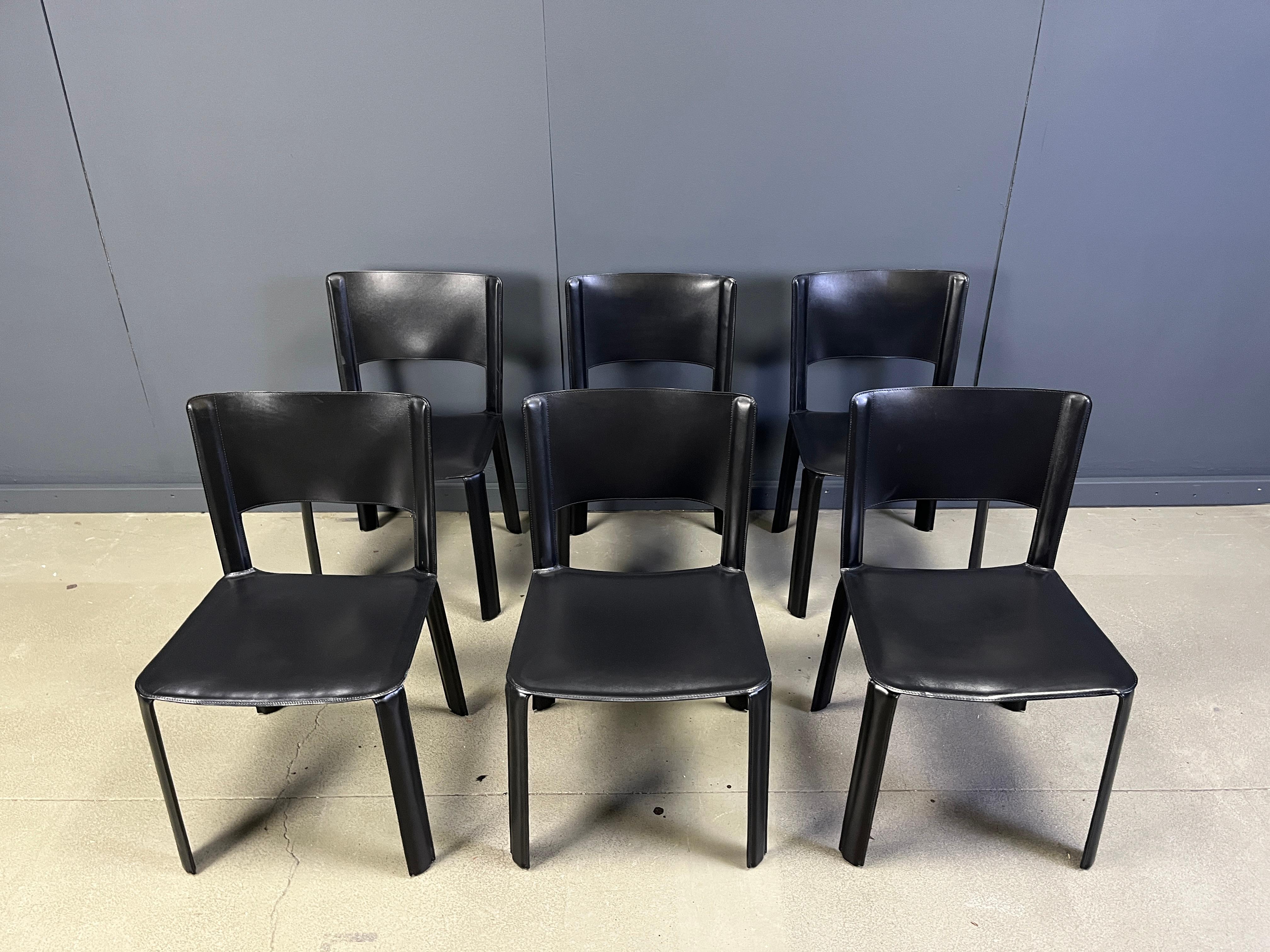 Vintage black leather italian dining chairs, set of 6 - 1980s For Sale 2