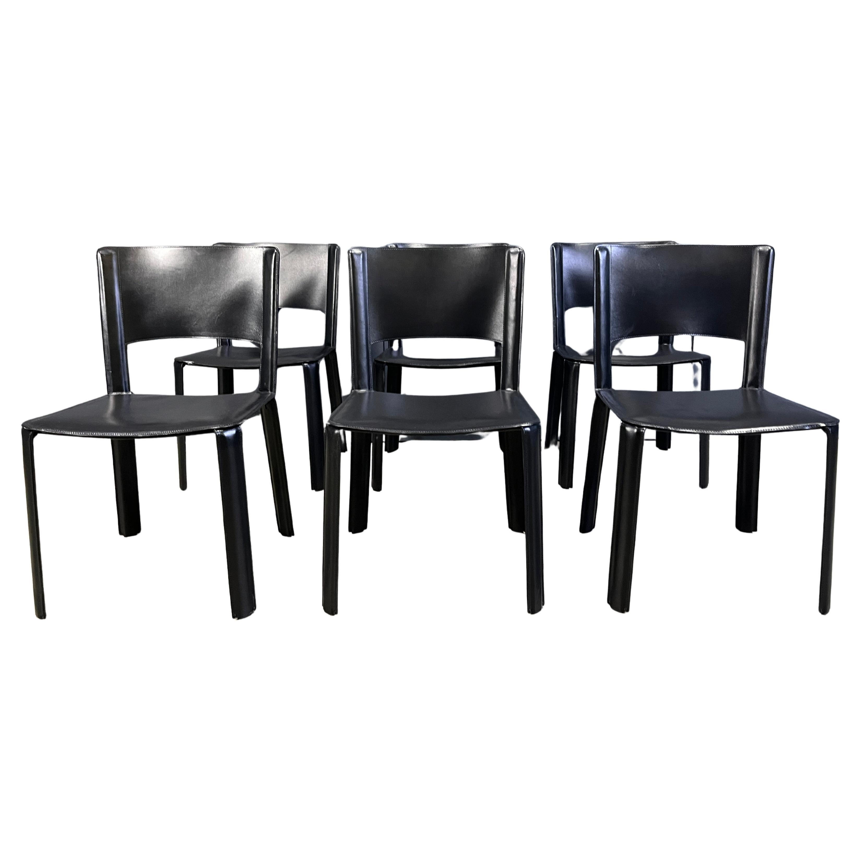 Sillas de comedor italianas vintage de cuero negro, juego de 6 - Años 80