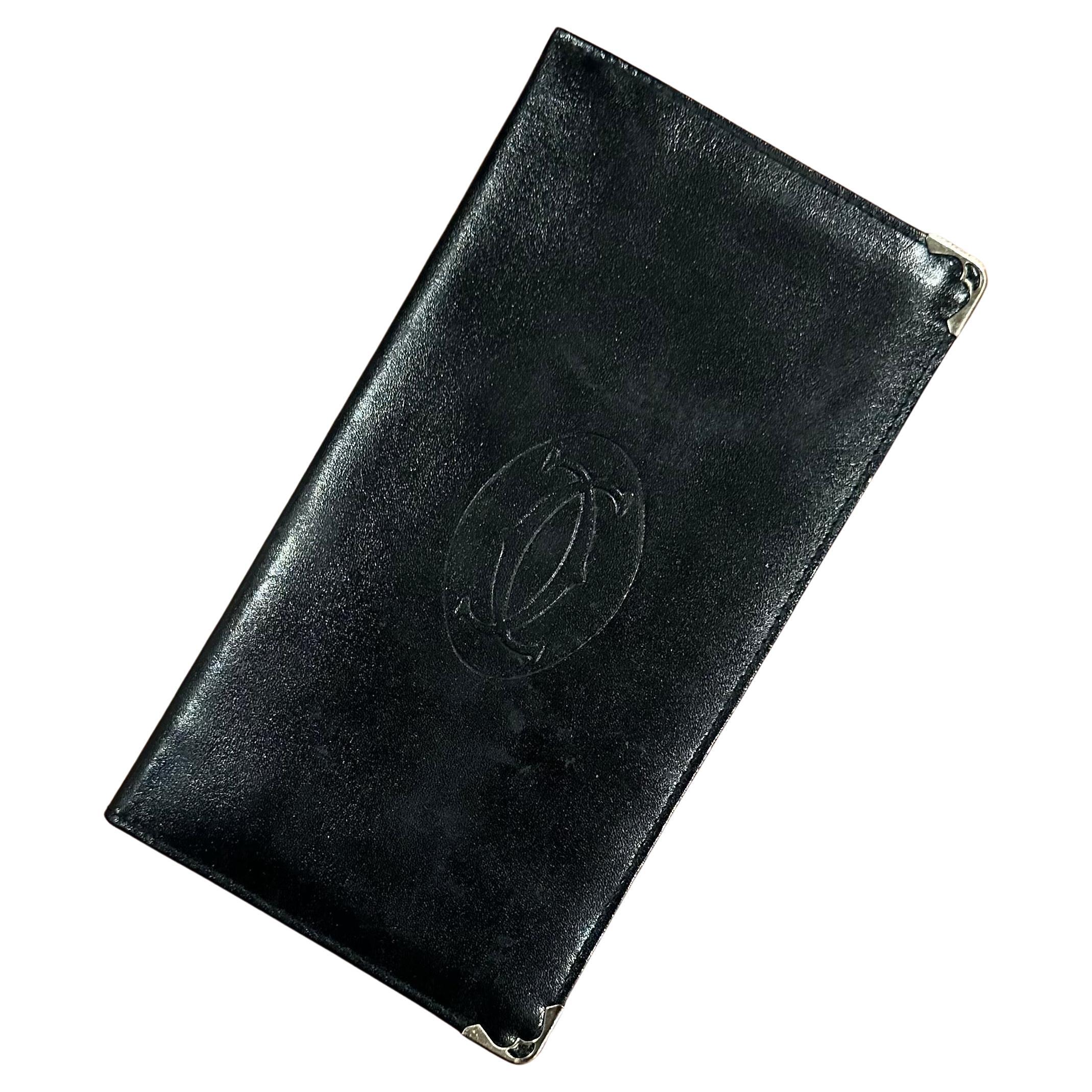 Vintage Black Leather "Logo" Wallet / Checkbook Cover by Cartier For Sale