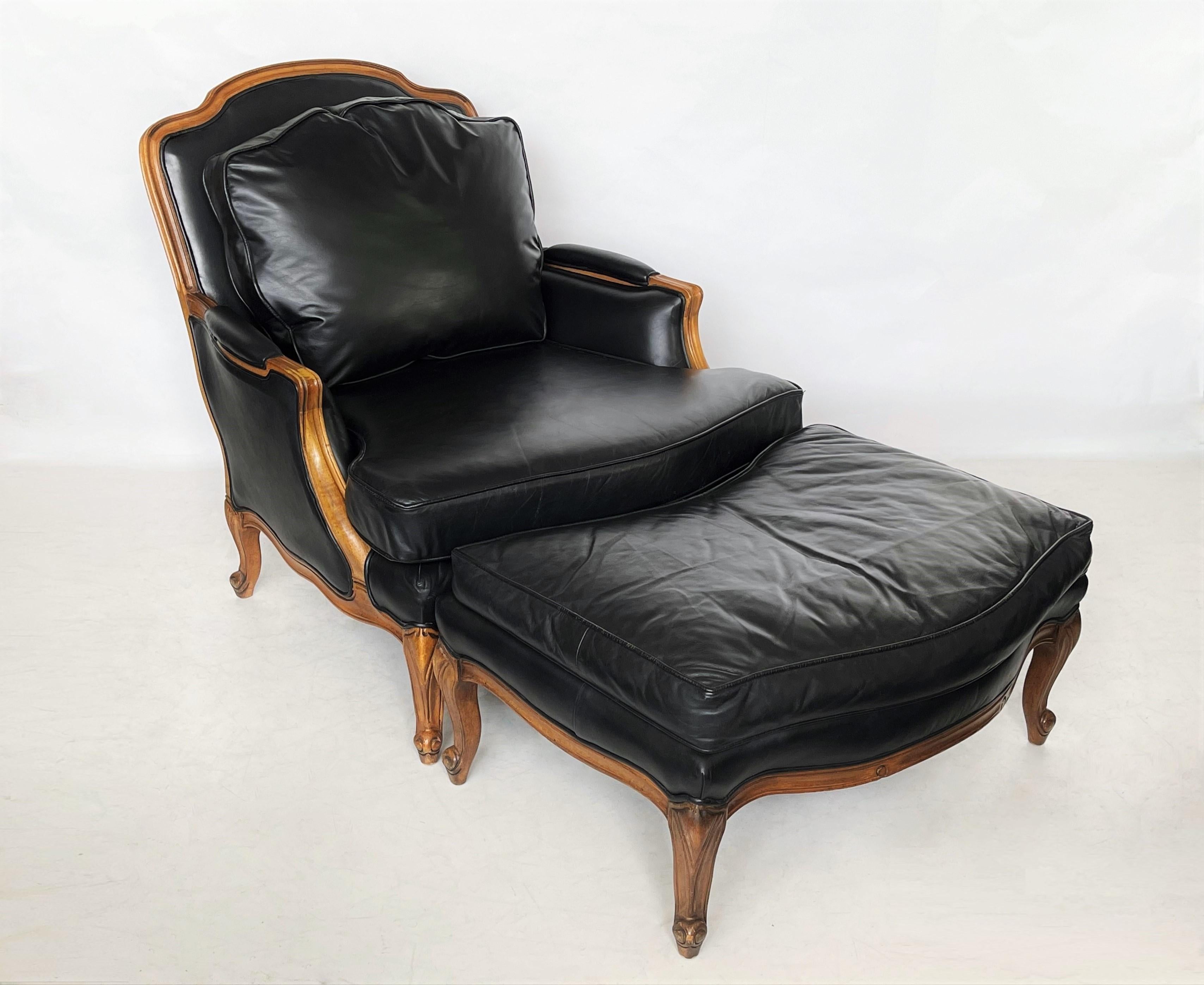 Maison Jansen style Louis XV French bergère chair and matching curved ottoman of generous proportions. The chair features a slightly slanted squared back with an arched crest rail and rounded ears. It has straight, fluted partially upholstered arms.