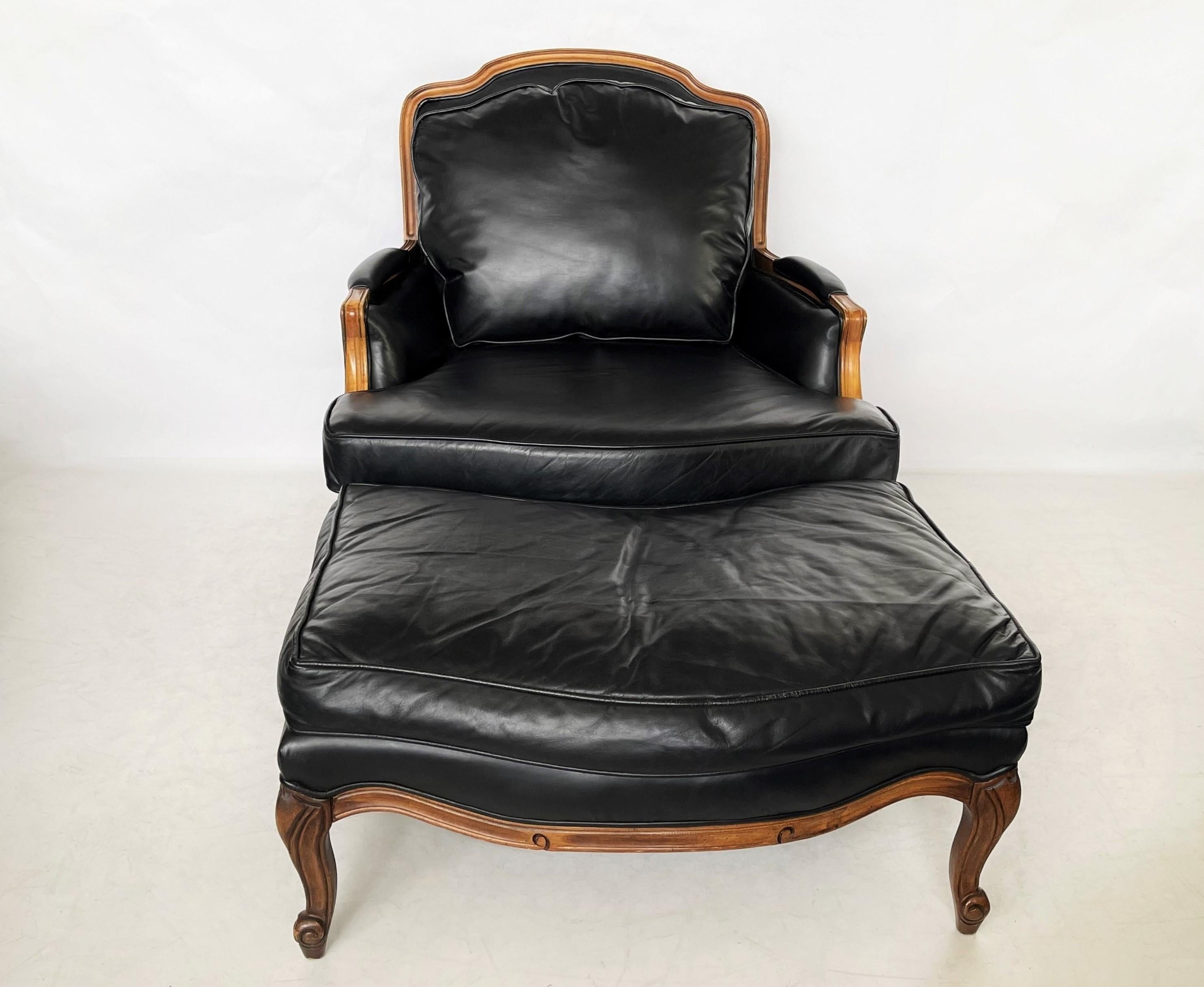 American Vintage Black Leather Louis XV Style French Bergère
