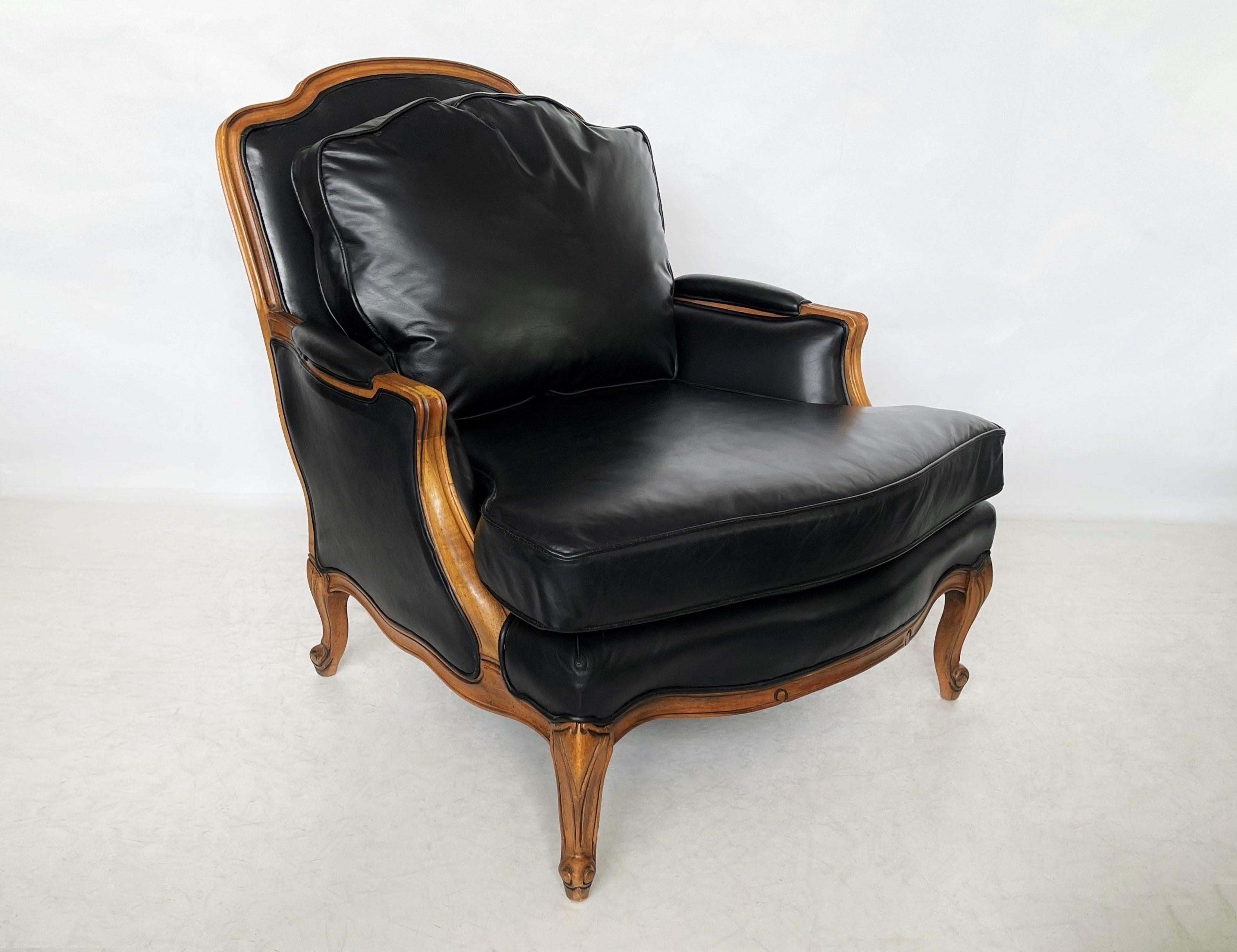 Vintage Black Leather Louis XV Style French Bergère 1