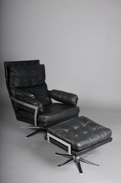 Vintage Black Leather Lounge Chair and Ottoman Set by Arne Norell 1960s