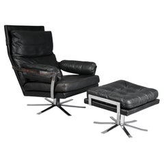 Vintage Black Leather Lounge Chair and Ottoman Set by Arne Norell 1960s