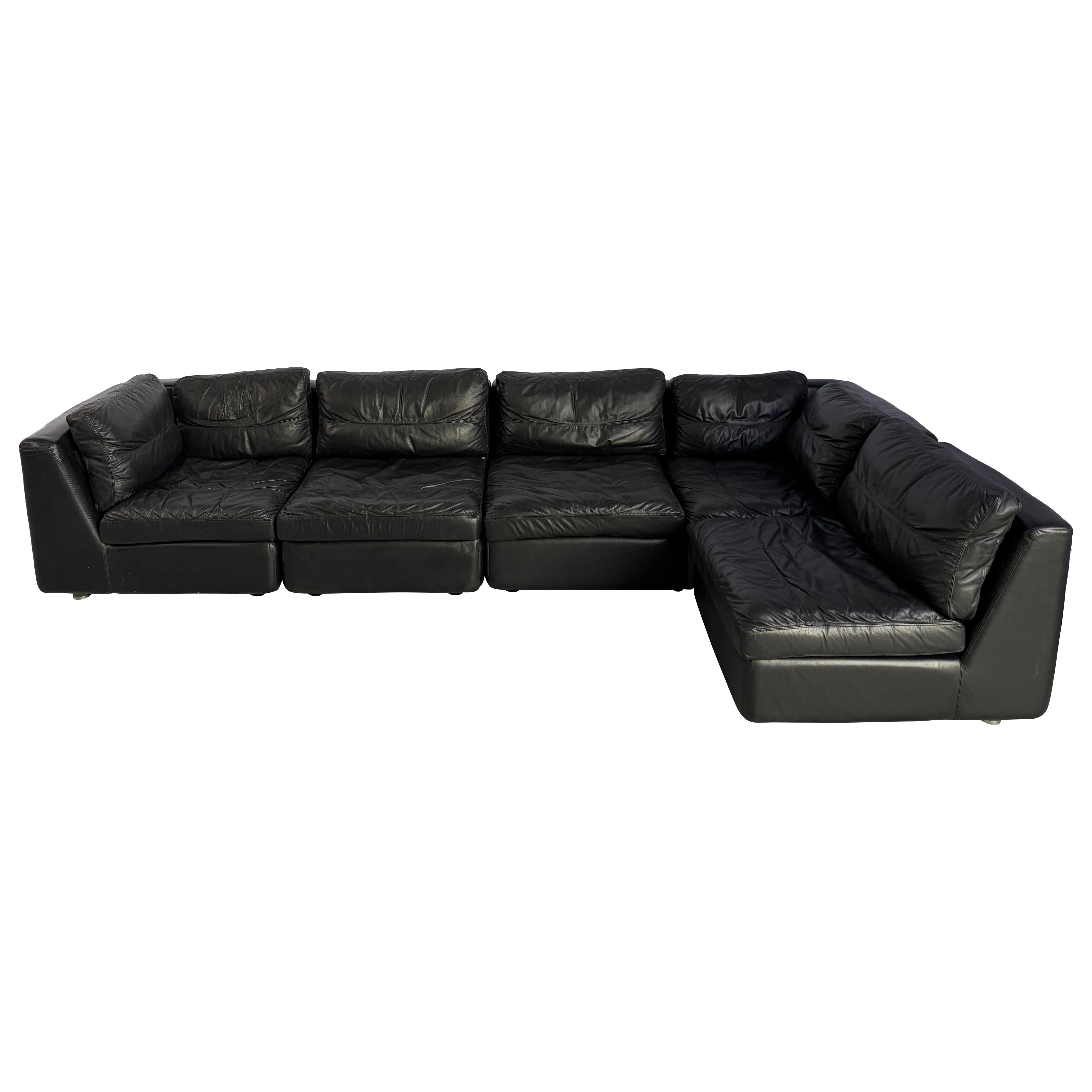 Vintage black leather modular sofa, 1970s