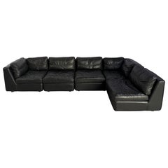 Vintage black leather modular sofa, 1970s