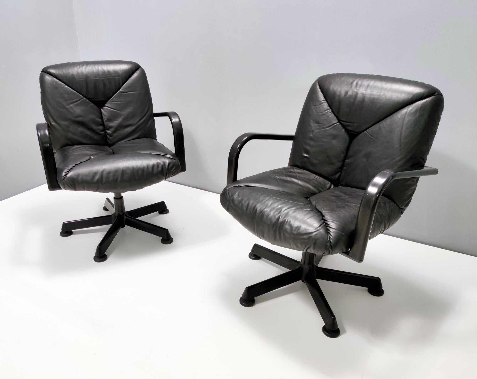 Italian Postmodern Black Leather Office Chair by Vico Magistretti for ICF Design, 1978 For Sale
