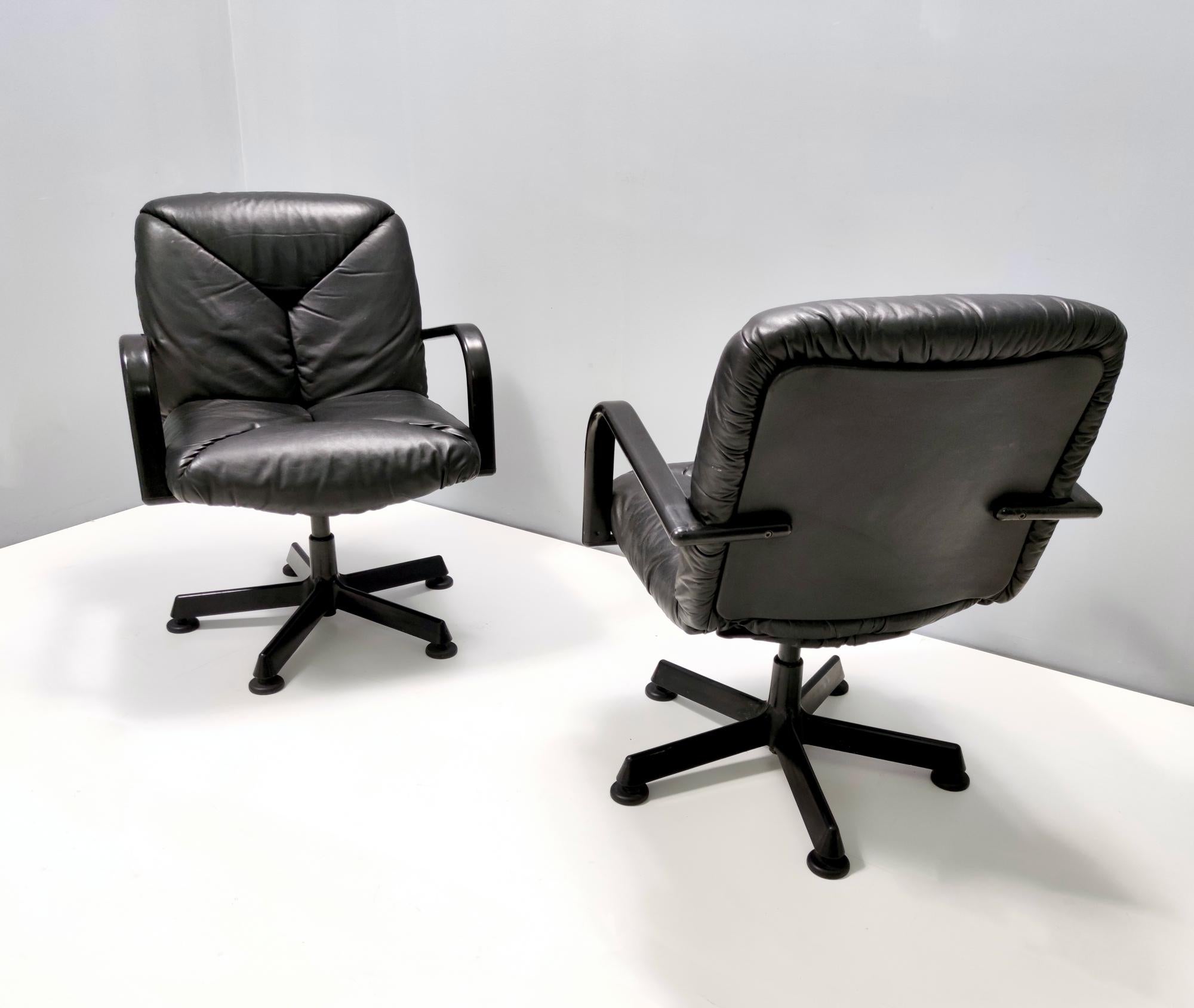 Varnished Postmodern Black Leather Office Chair by Vico Magistretti for ICF Design, 1978 For Sale