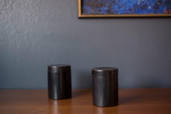 Vintage Black Leather Organizing Cylinder Storage Container Bins