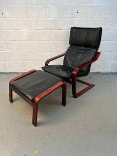 Vintage Black Leather Poäng Chair and Ottoman by Noboru Nakamura for Ikea