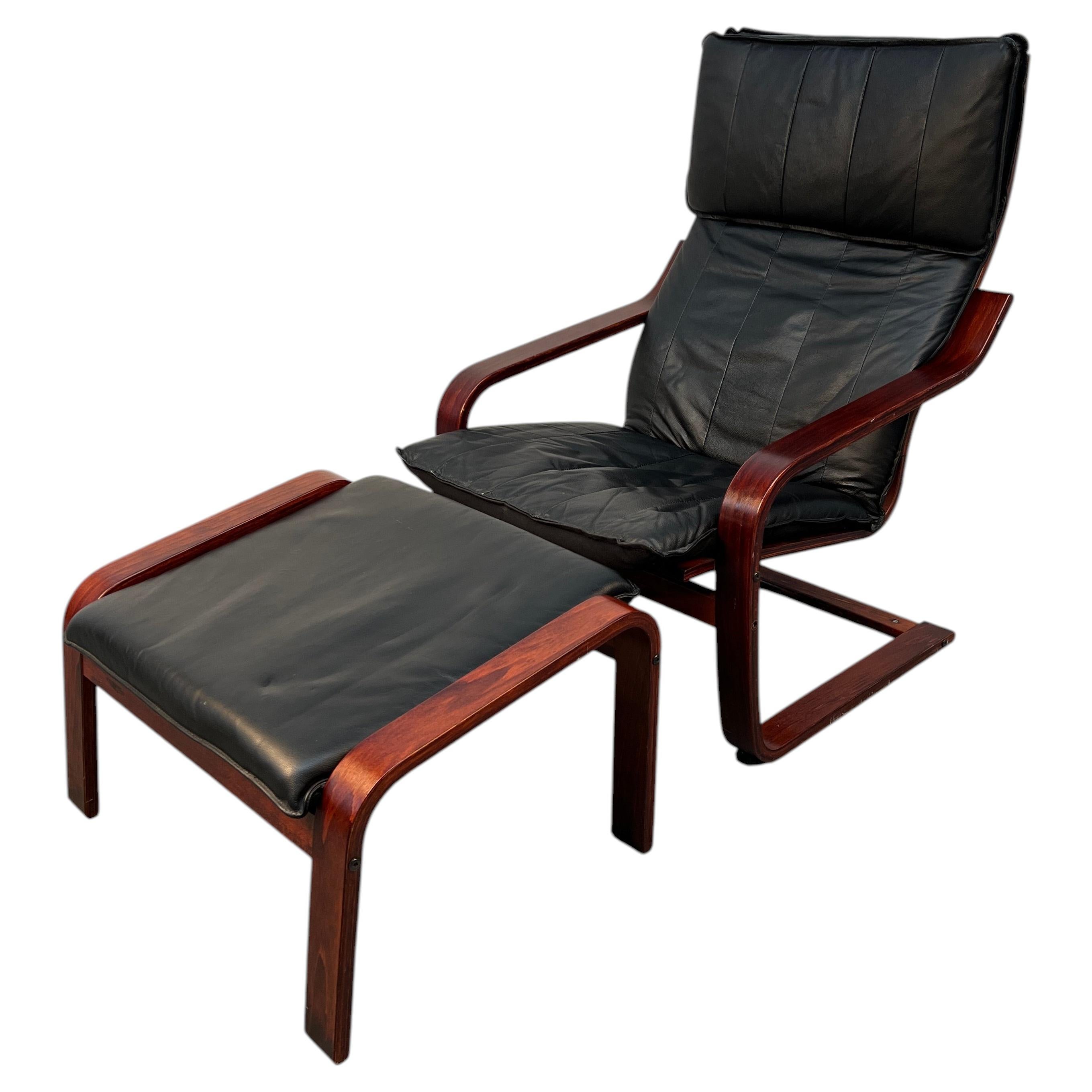 Vintage Black Leather Poäng Chair and Ottoman by Noboru Nakamura for Ikea