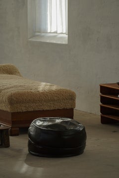 Vintage Black Leather Pouf / Ottoman with Slouchy Form, French Mid 20th Century