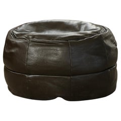 Vintage Black Leather Pouf / Ottoman with Slouchy Form, French Mid 20th Century