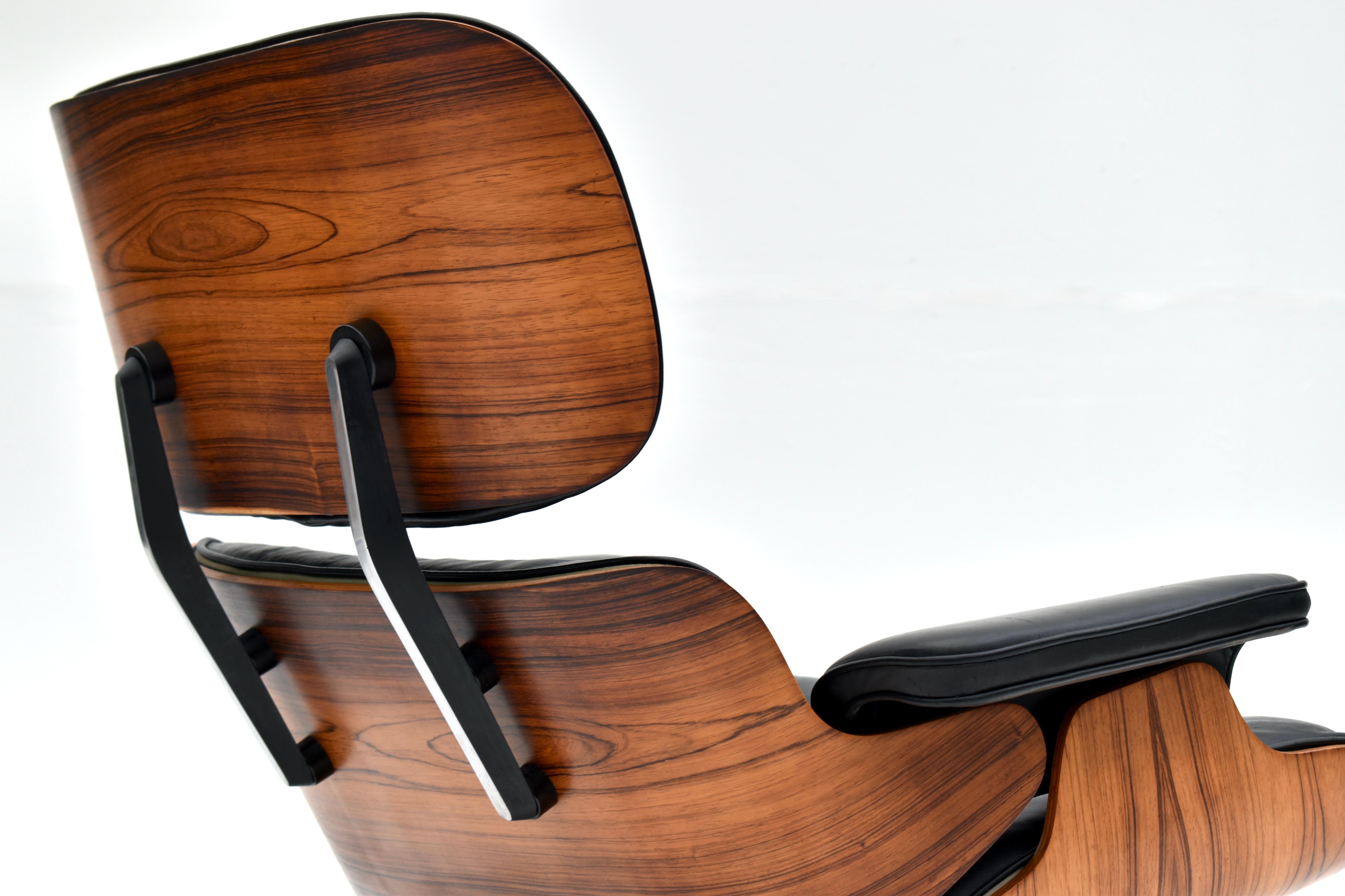 Vintage Black Leather & Rosewood Eames Lounge Chair & Ottoman For Herman Miller 5
