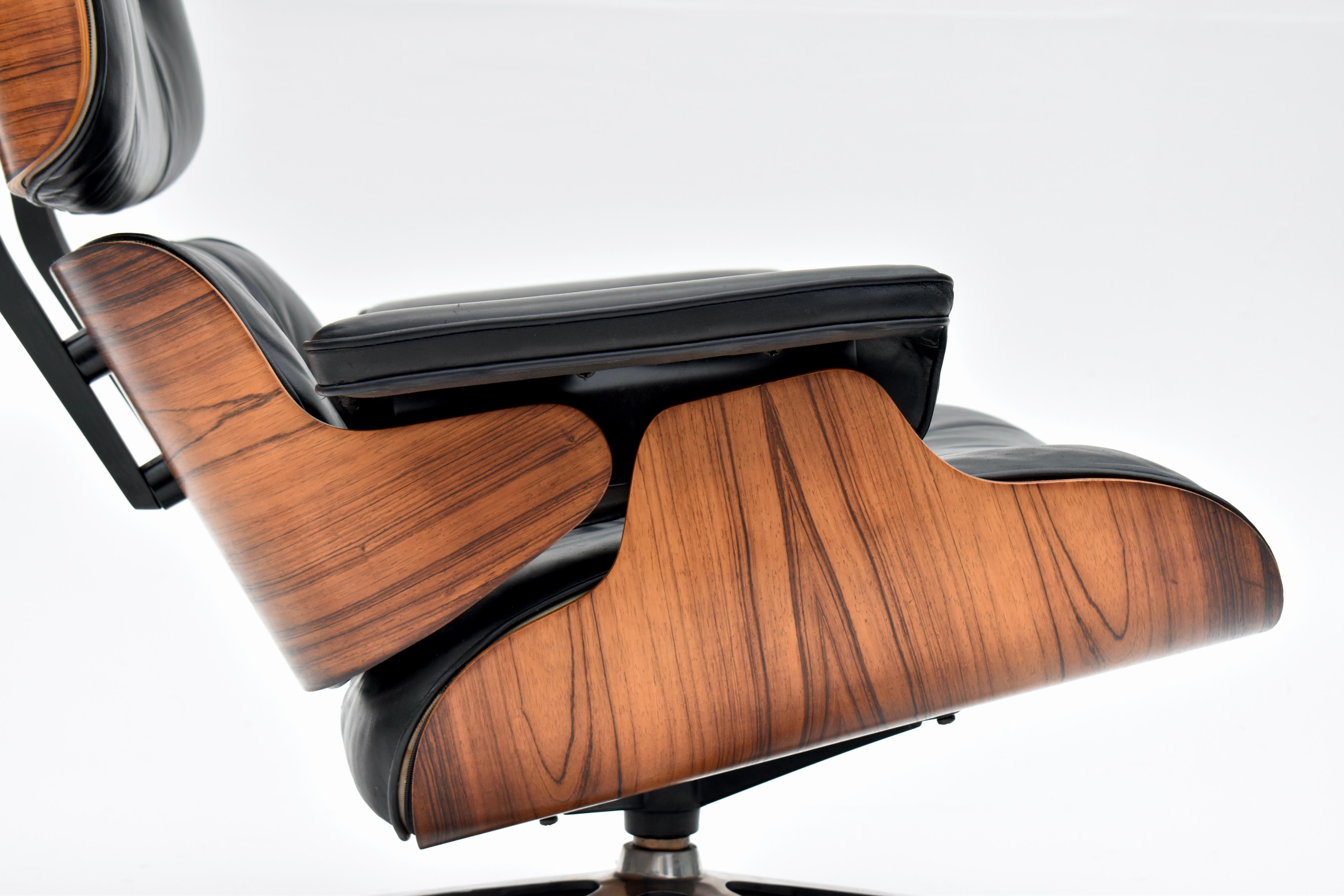 Vintage Black Leather & Rosewood Eames Lounge Chair & Ottoman For Herman Miller 6