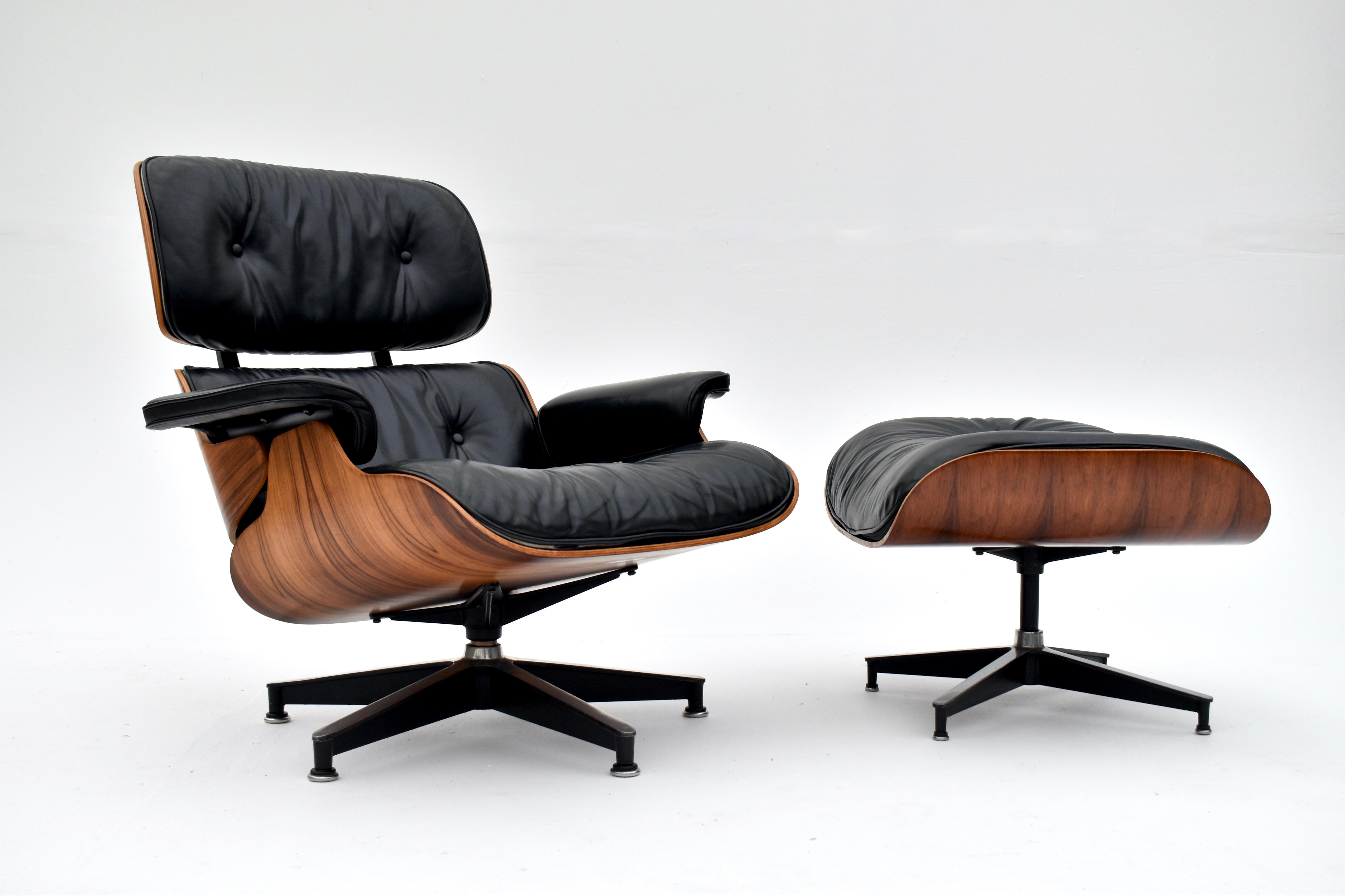 Vintage Black Leather & Rosewood Eames Lounge Chair & Ottoman For Herman Miller 8