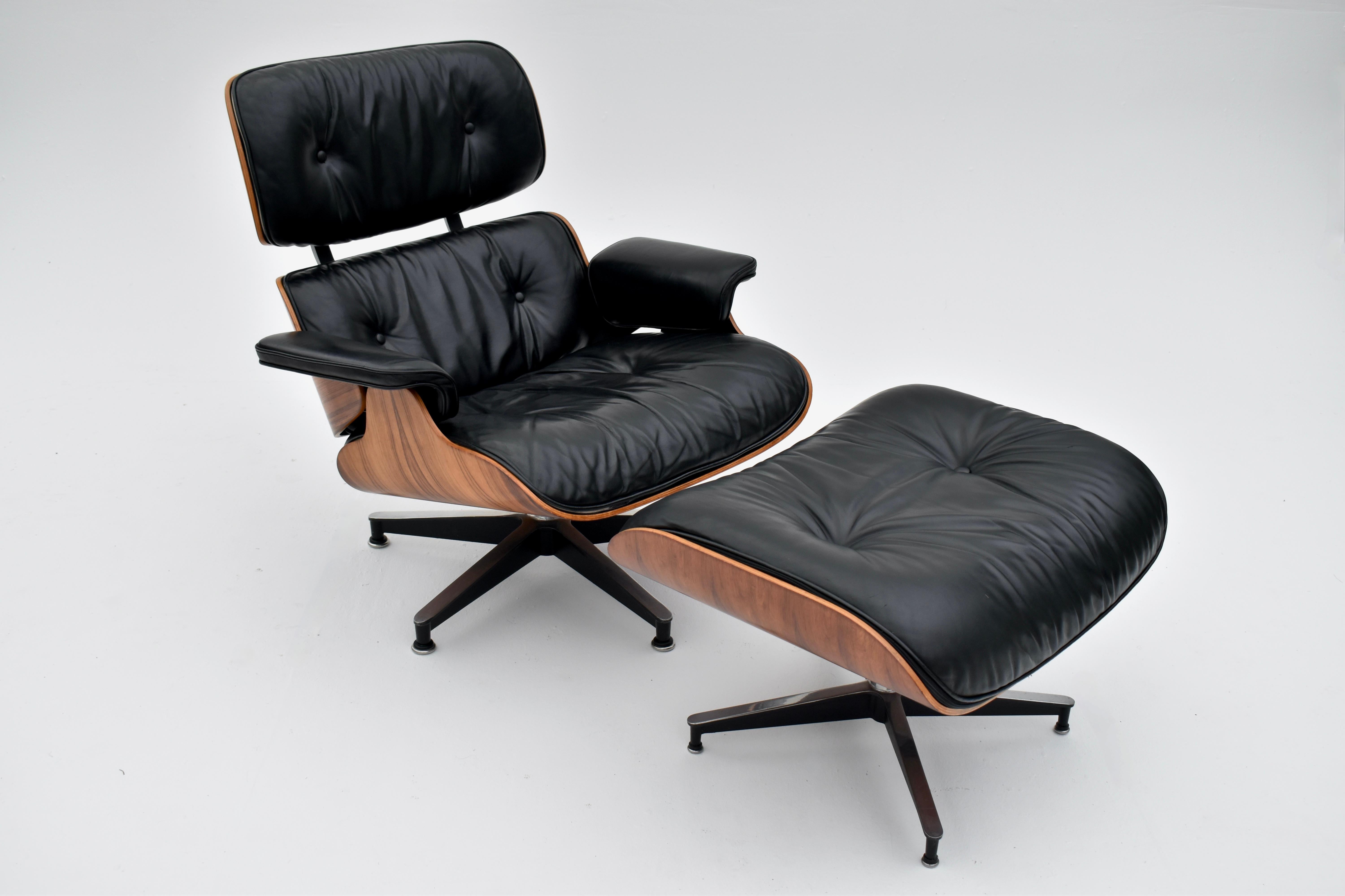 Vintage Black Leather & Rosewood Eames Lounge Chair & Ottoman For Herman Miller 9