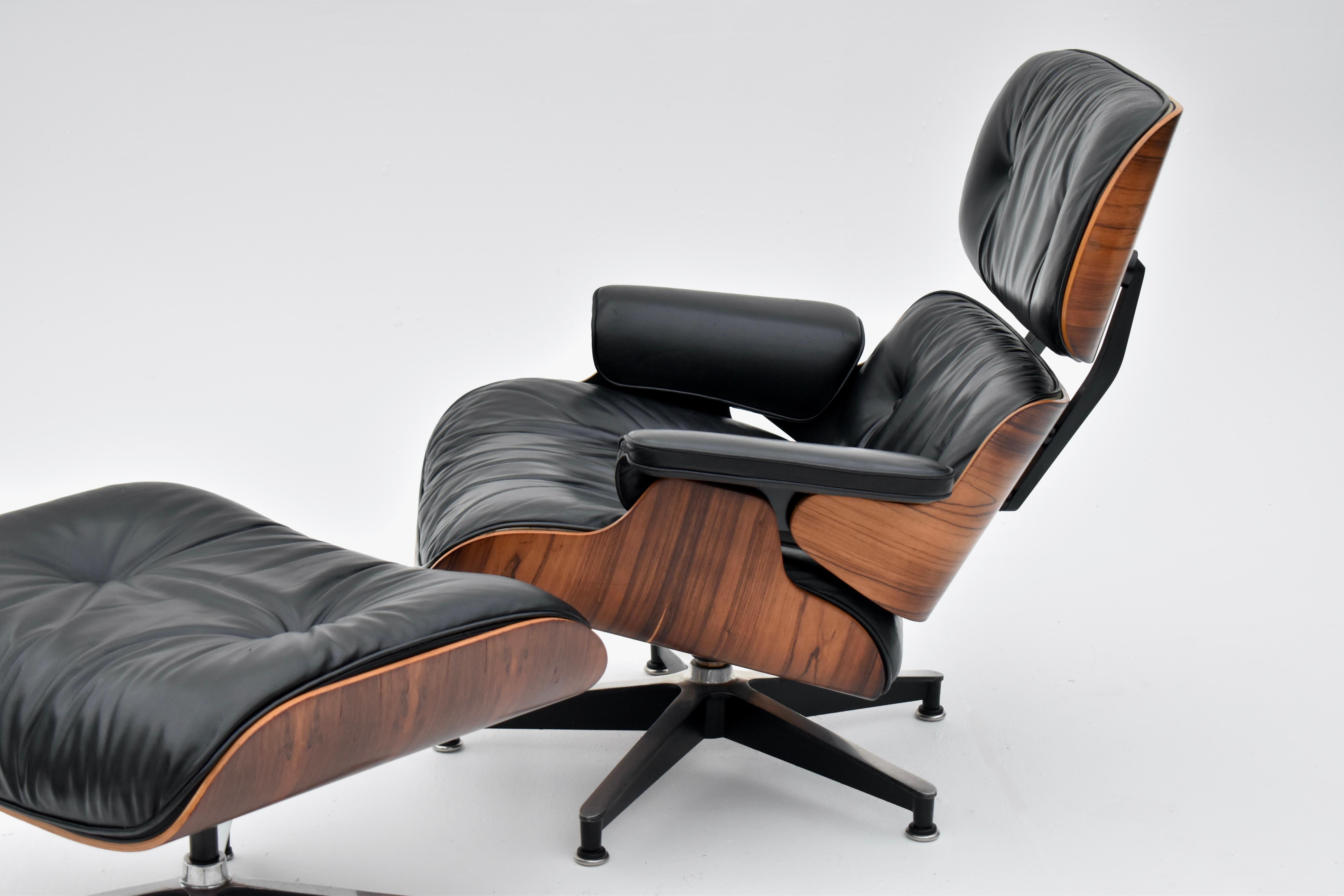 Vintage Black Leather & Rosewood Eames Lounge Chair & Ottoman For Herman Miller 12