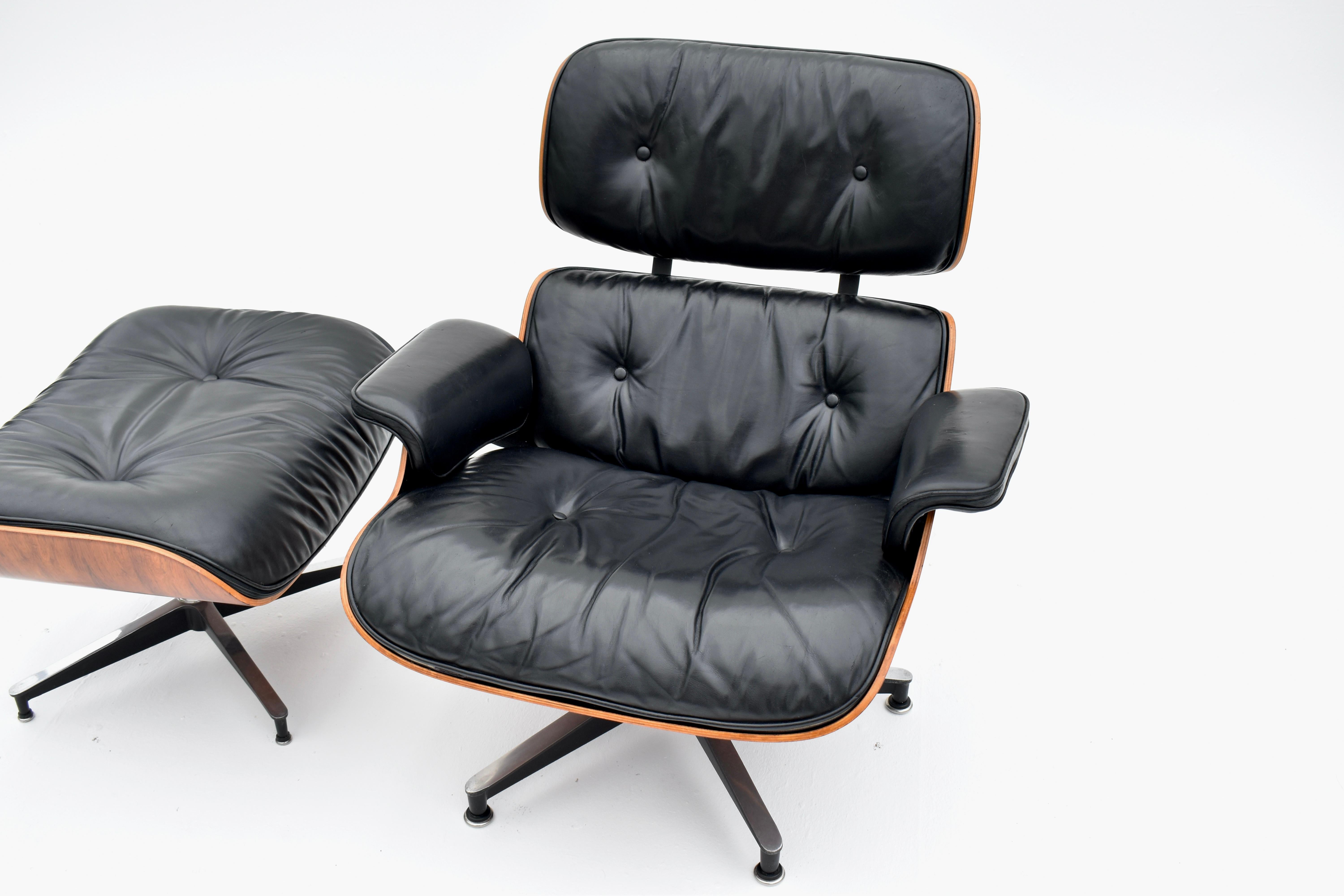 A particularly nice example featuring very attractive Brazilian Rosewood veneers and black leather cushions. We have sold many Eames Lounge chairs over the years. This particular chair has the nicest softest leather we have had on any chair, it