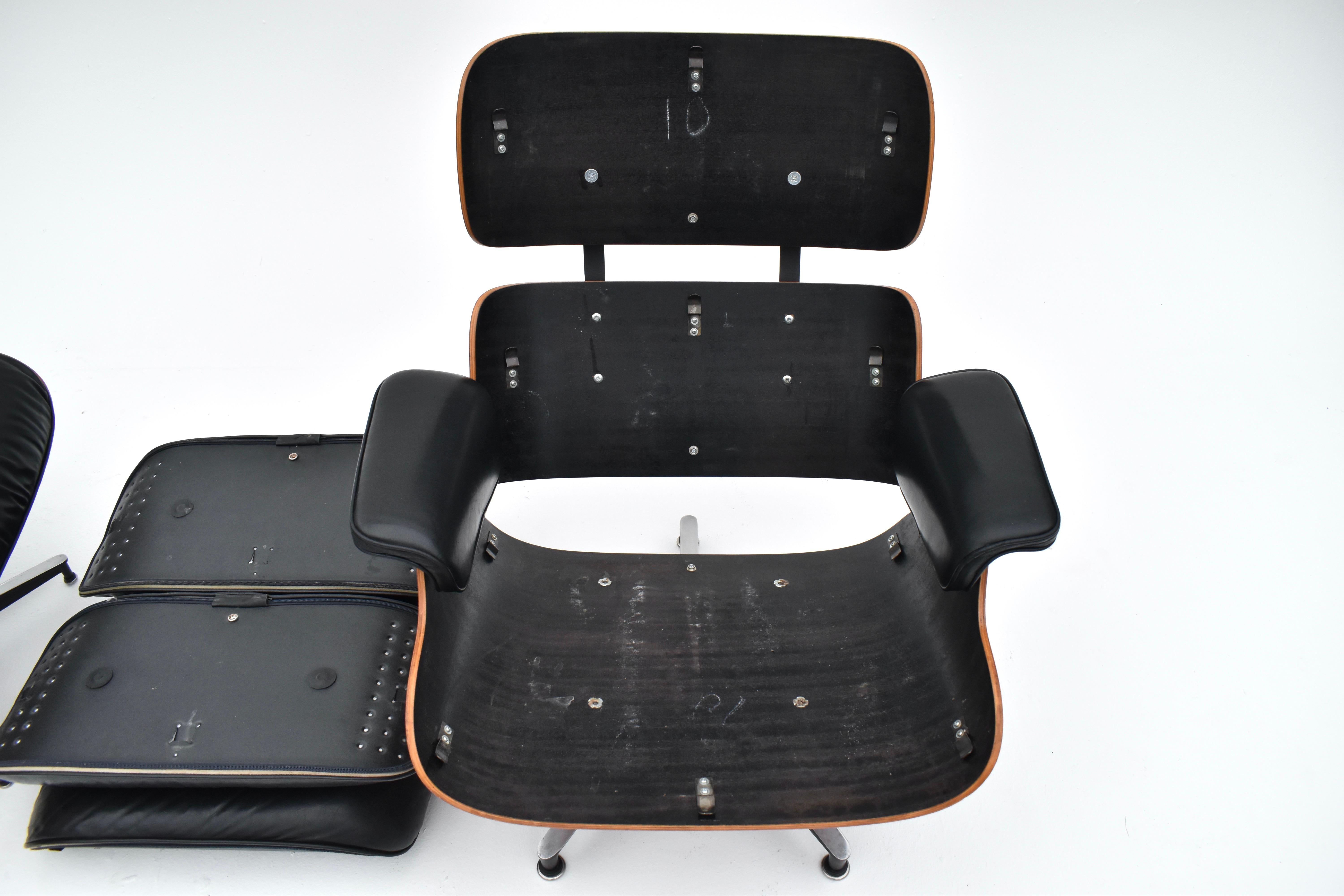 Vintage Black Leather & Rosewood Eames Lounge Chair & Ottoman For Herman Miller 14