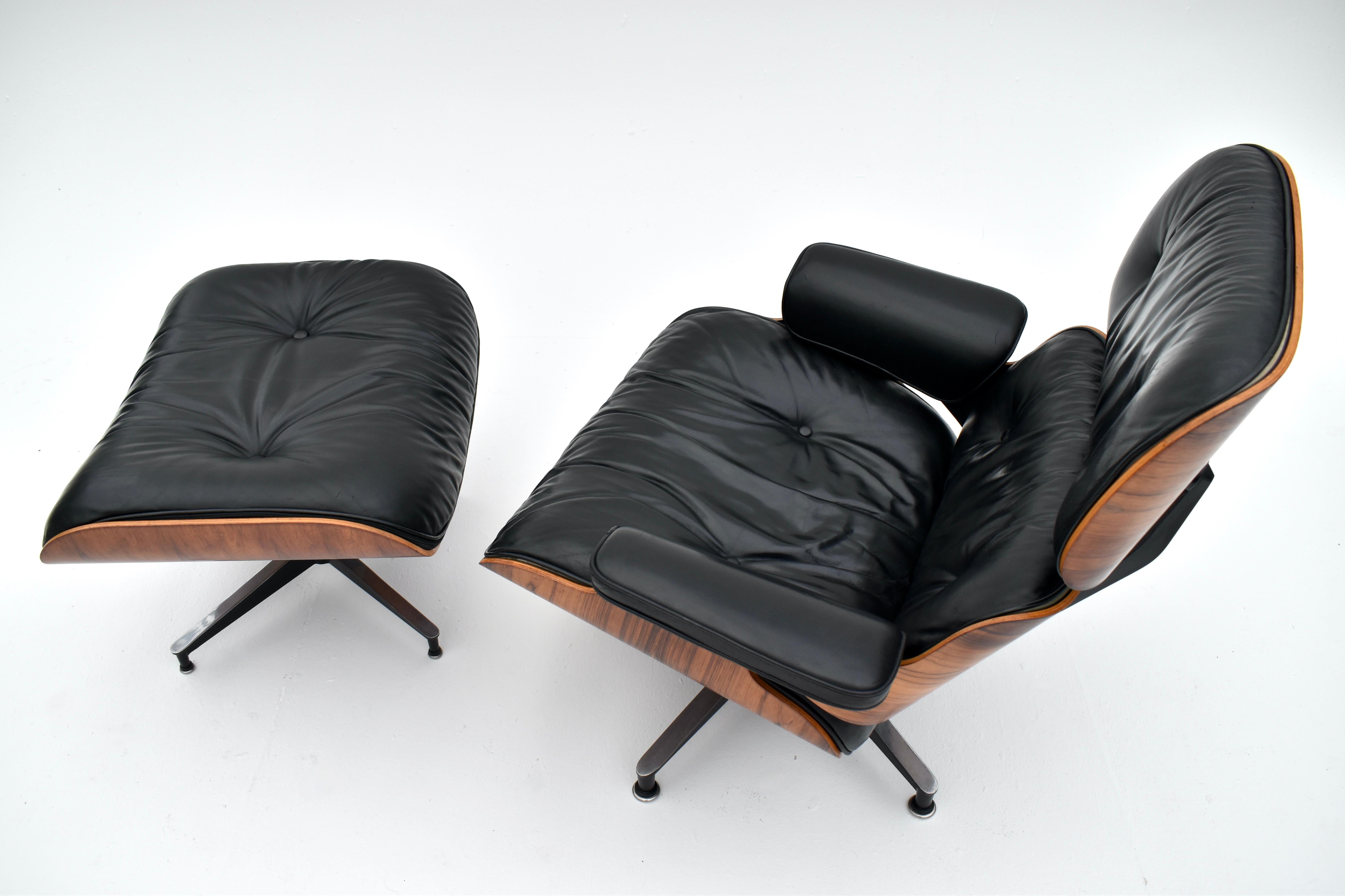 Danish Vintage Black Leather & Rosewood Eames Lounge Chair & Ottoman For Herman Miller