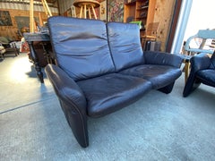 Vintage Black Leather Scalloped High-Back De Sede Loveseat