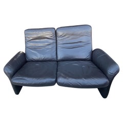 Vintage Black Leather Scalloped High-Back De Sede Loveseat