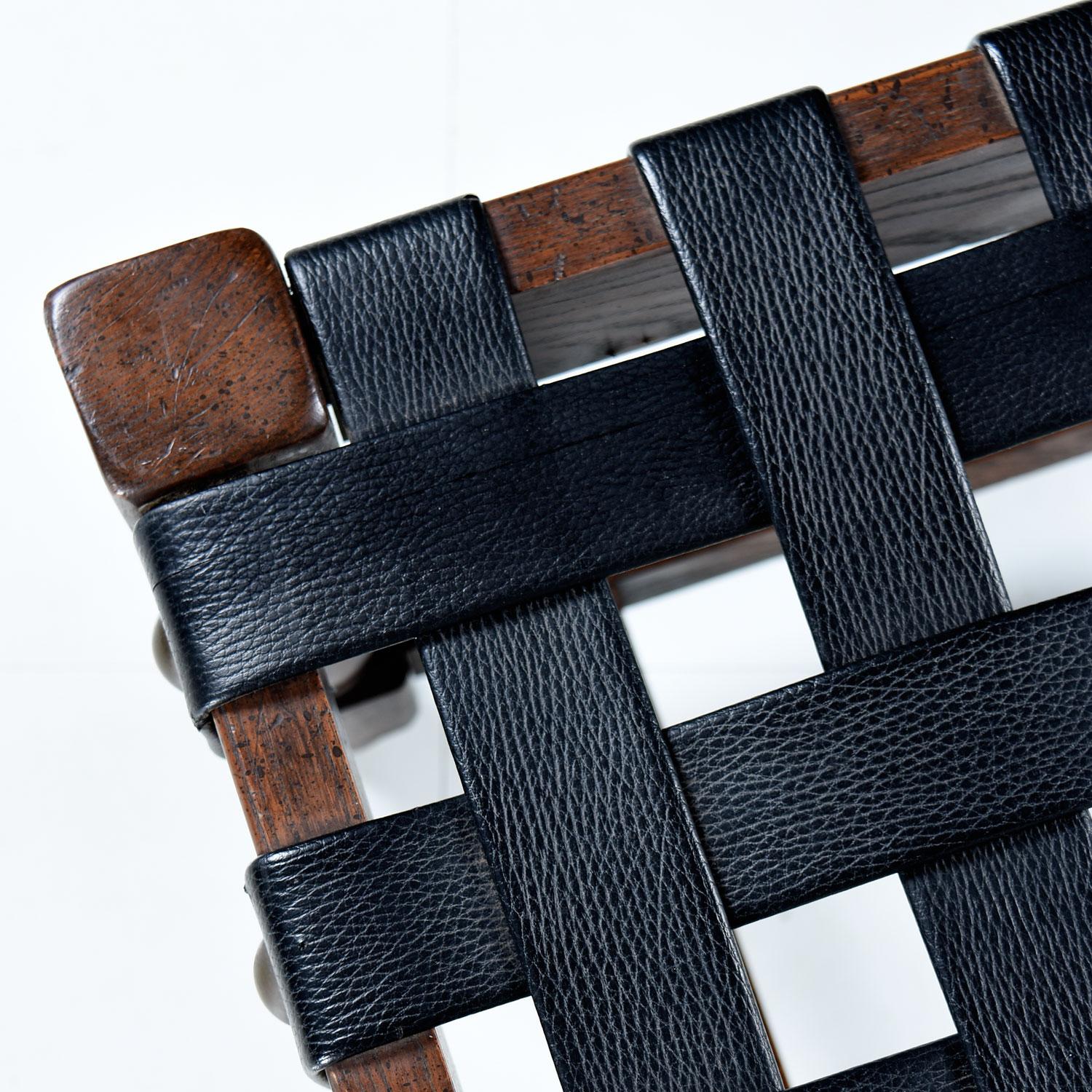 Vintage Black Leather Strap Gothic Revival Style Solid Oak Bench & Ottomans Set 5