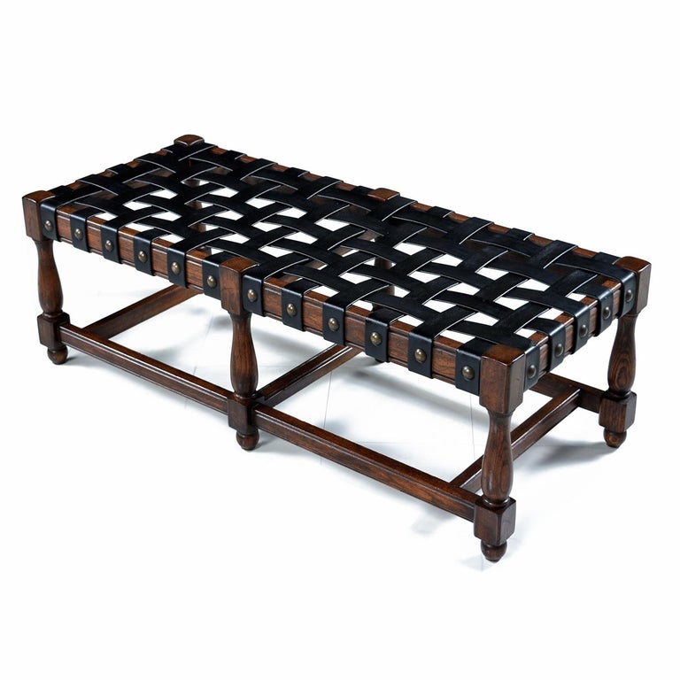 Vintage Black Leather Strap Gothic Revival Style Solid Oak Bench and