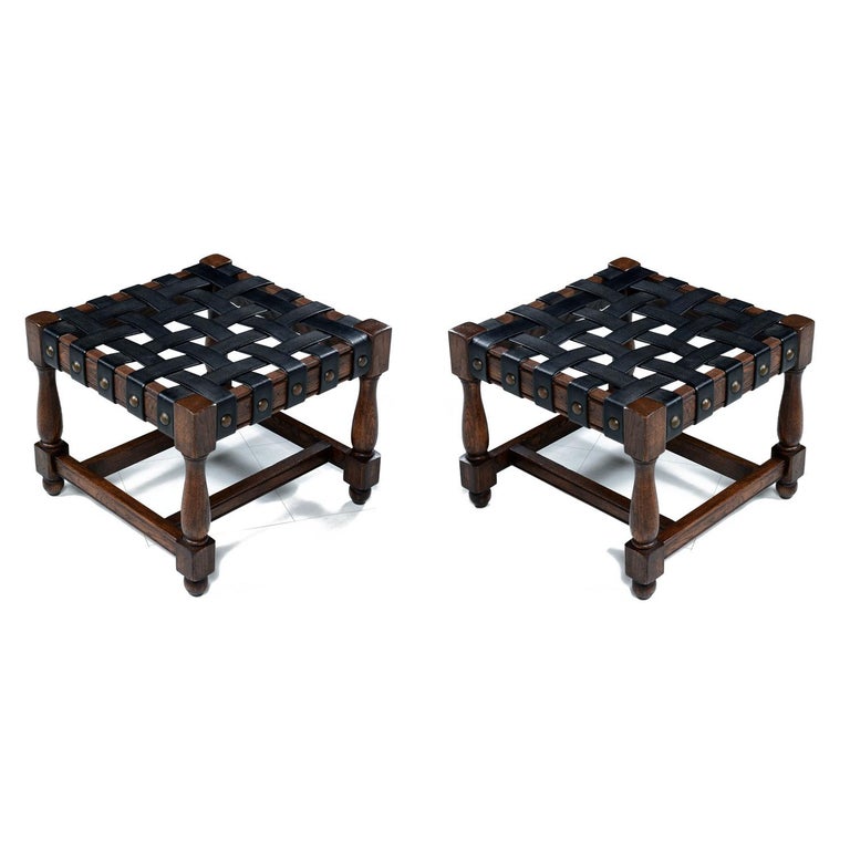 Vintage Black Leather Strap Gothic Revival Style Solid Oak Bench and