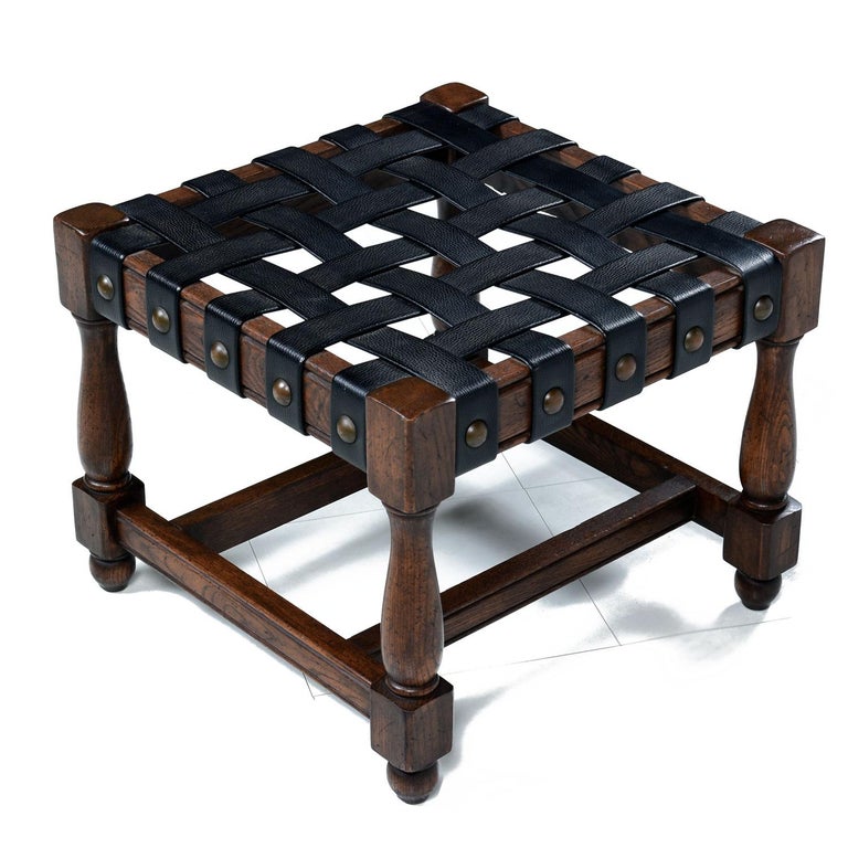 Vintage Black Leather Strap Gothic Revival Style Solid Oak Bench and