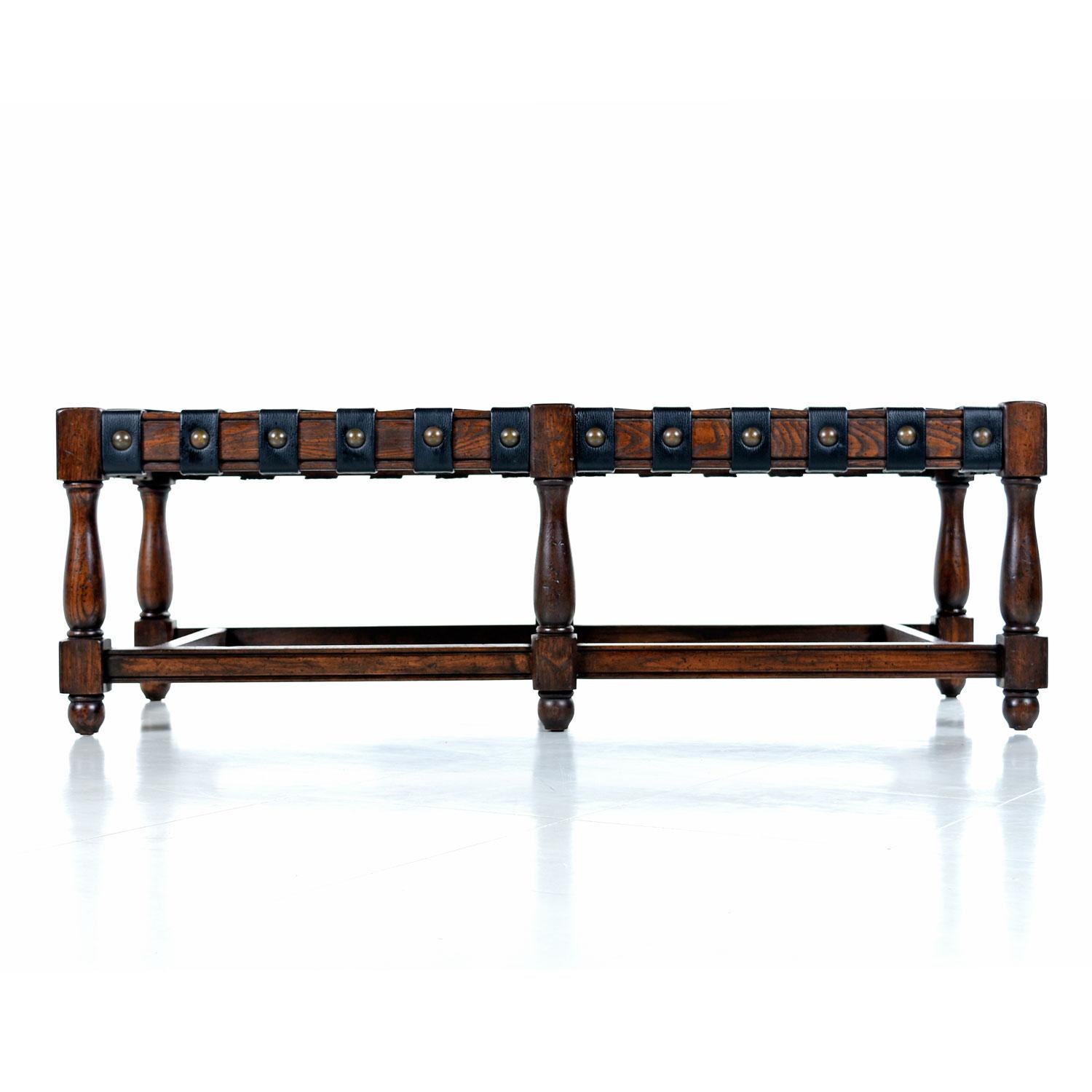 Late 20th Century Vintage Black Leather Strap Gothic Revival Style Solid Oak Bench & Ottomans Set