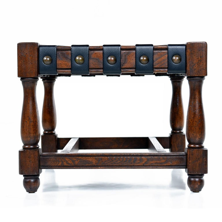 Vintage Black Leather Strap Gothic Revival Style Solid Oak Bench and