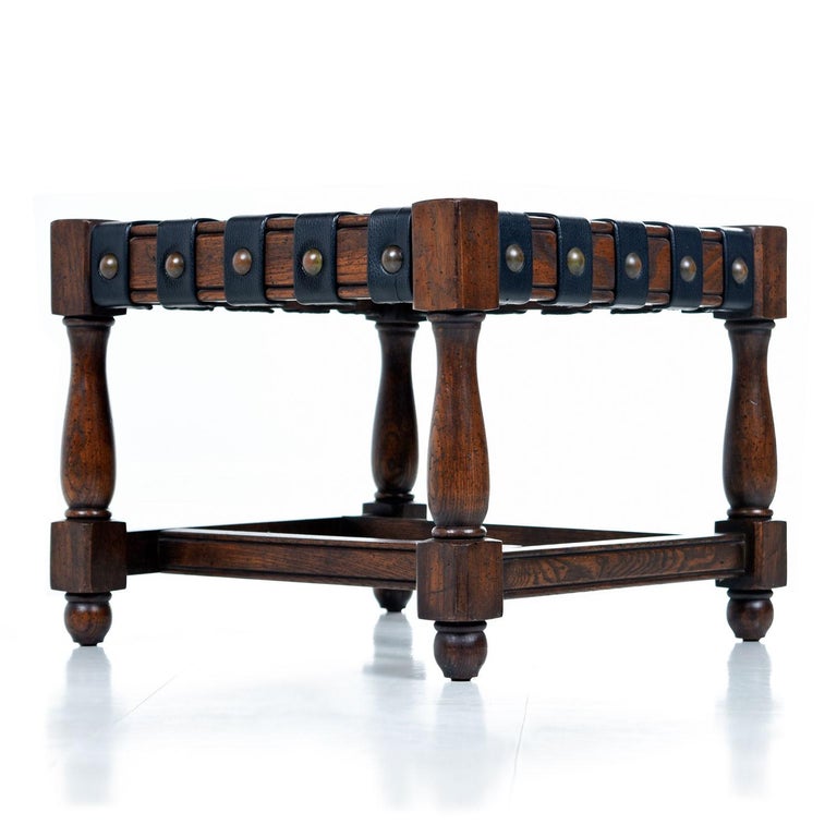 Vintage Black Leather Strap Gothic Revival Style Solid Oak Bench and