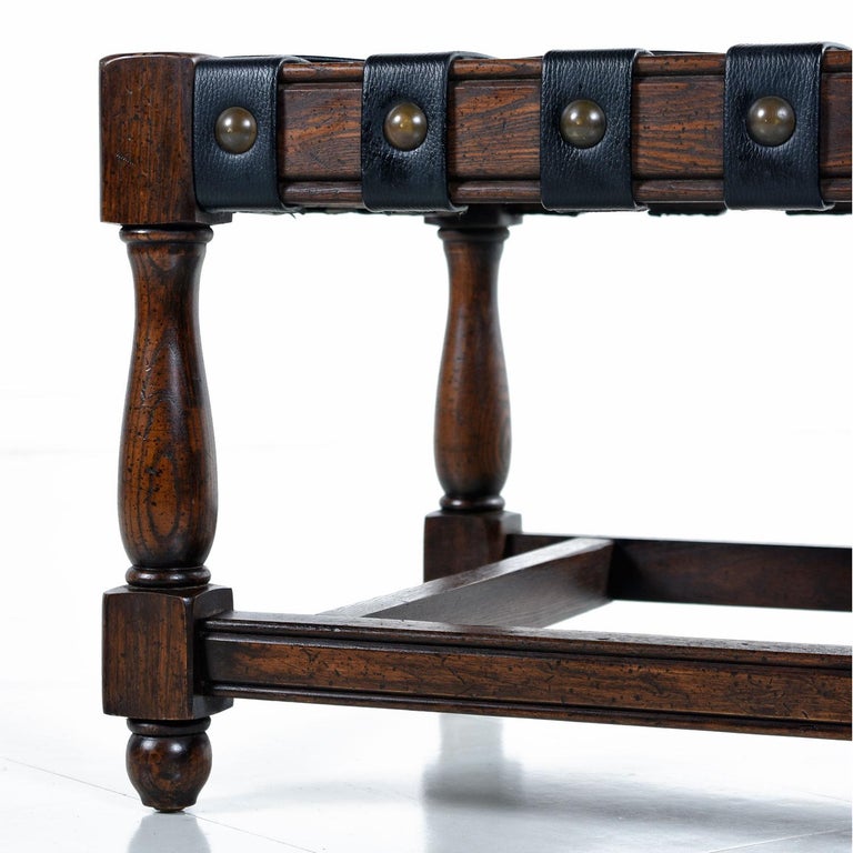 Vintage Black Leather Strap Gothic Revival Style Solid Oak Bench and