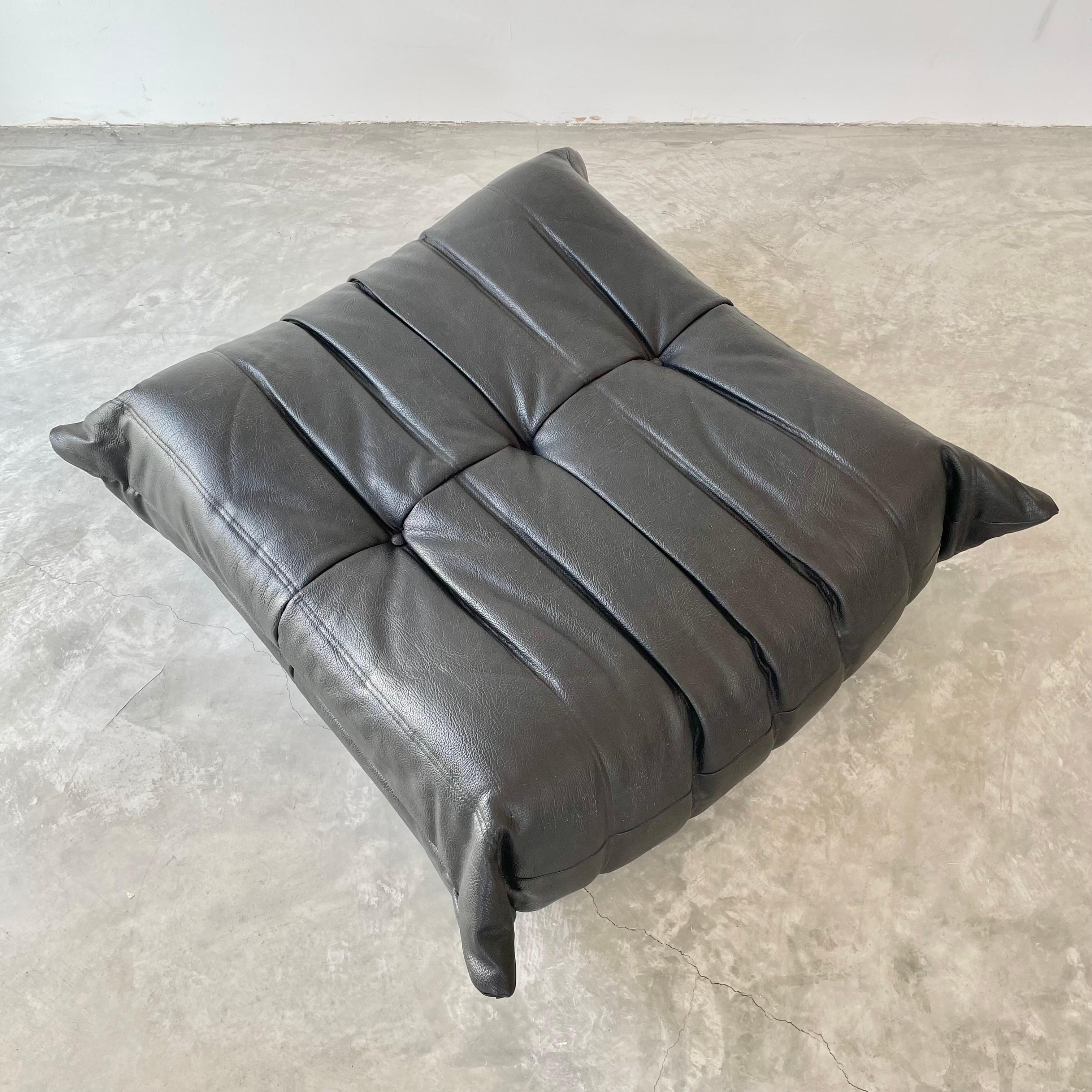 French Black Leather Togo Ottoman by Ligne Roset, 1980s France