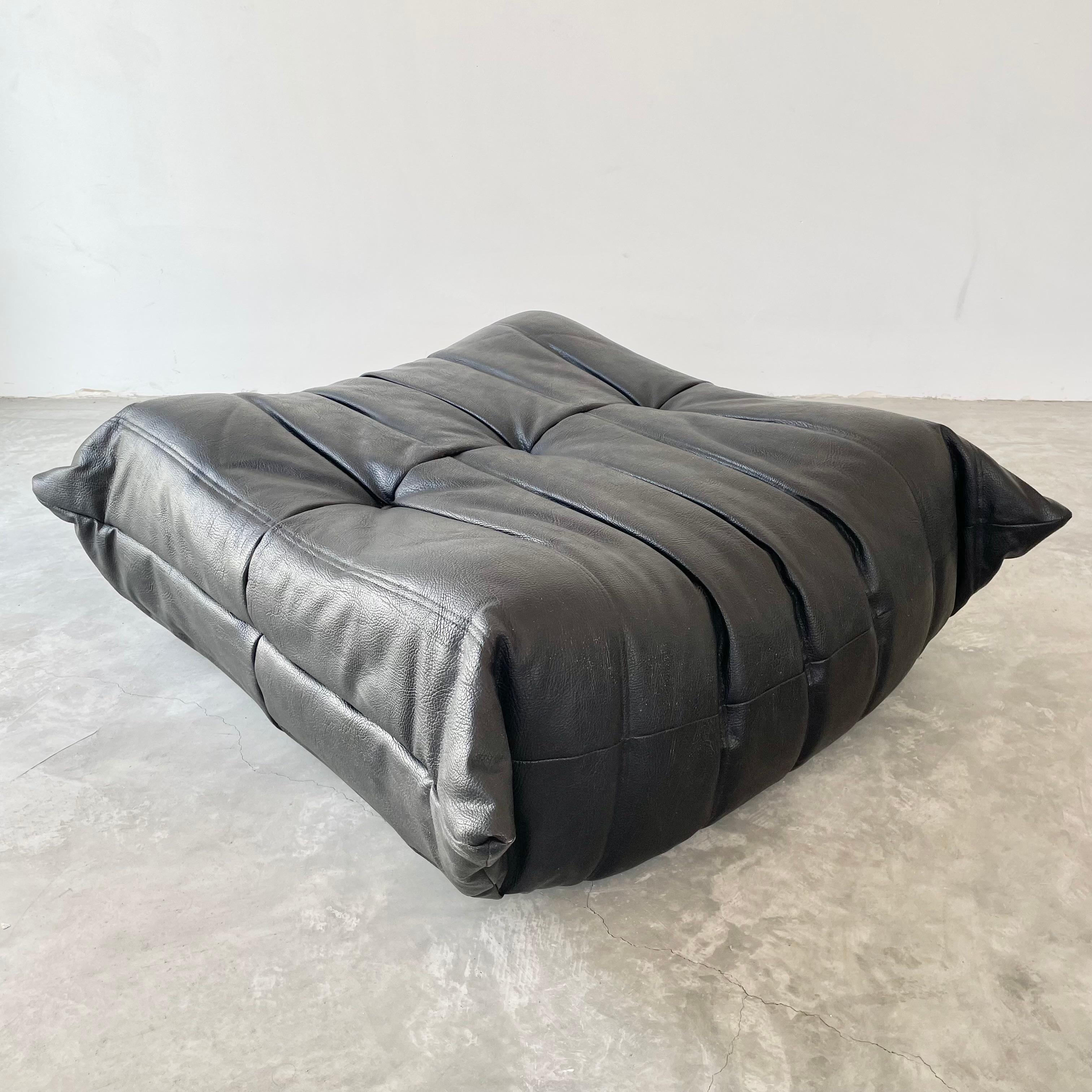 20th Century Black Leather Togo Ottoman by Ligne Roset, 1980s France