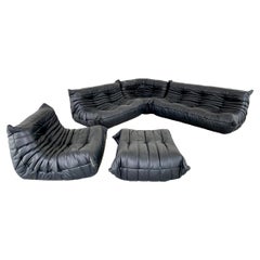 Vintage Black Leather Togo Set by Ligne Roset, 1990s France