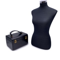 Vintage Black Leather Travel Train Case Beauty Vanity Bag