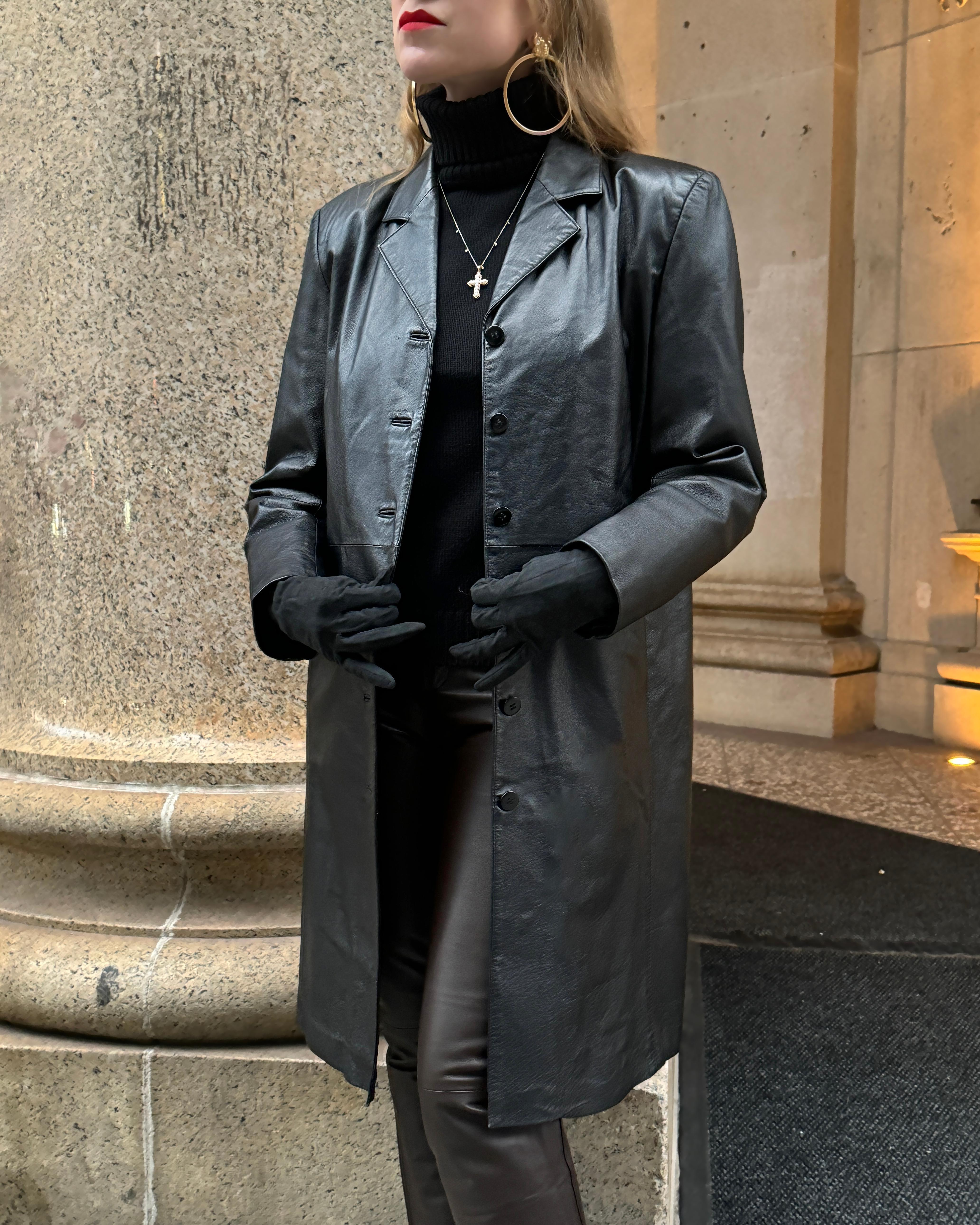 Vintage Black Leather Trench Coat For Sale 2