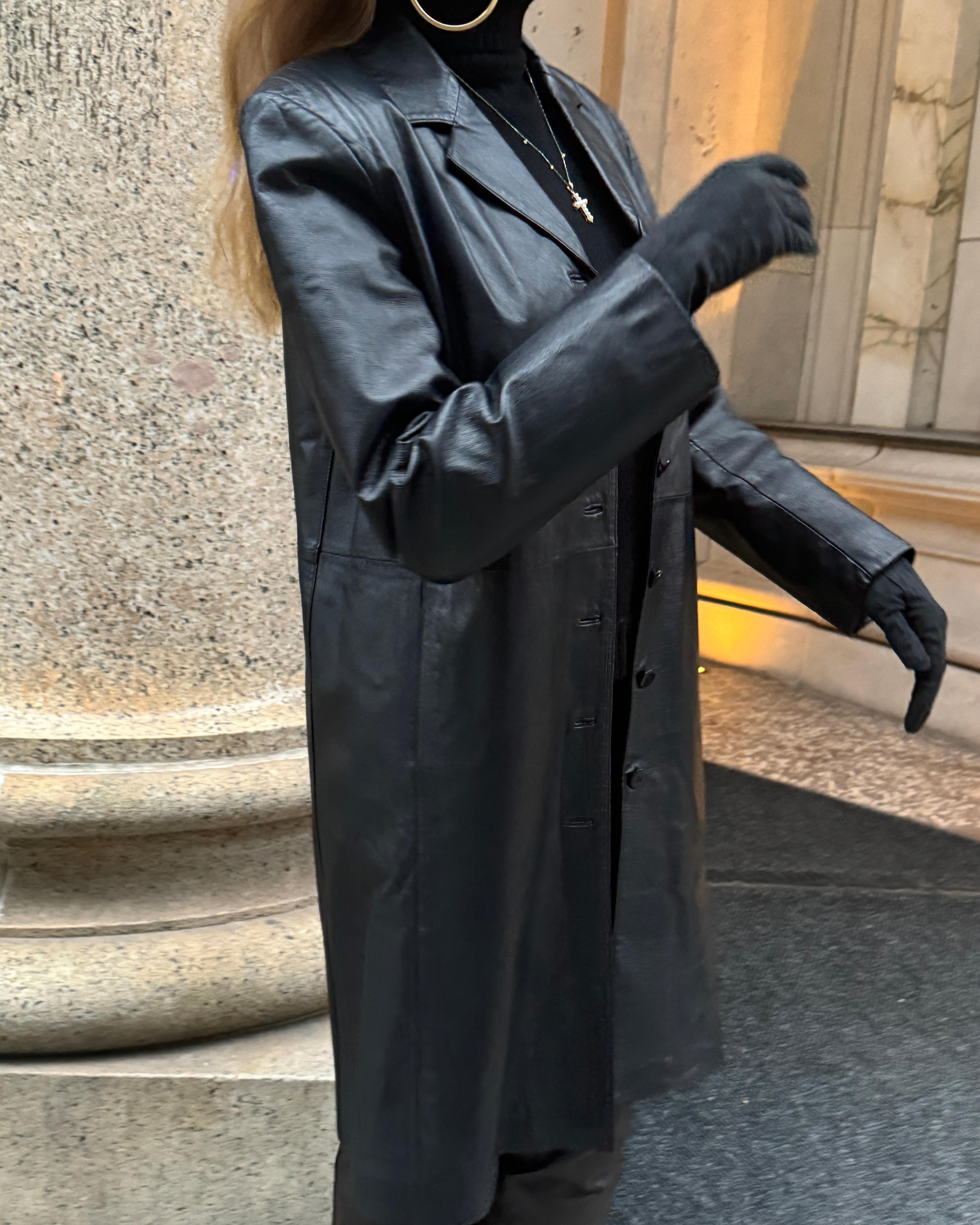 Vintage Black Leather Trench Coat For Sale 3