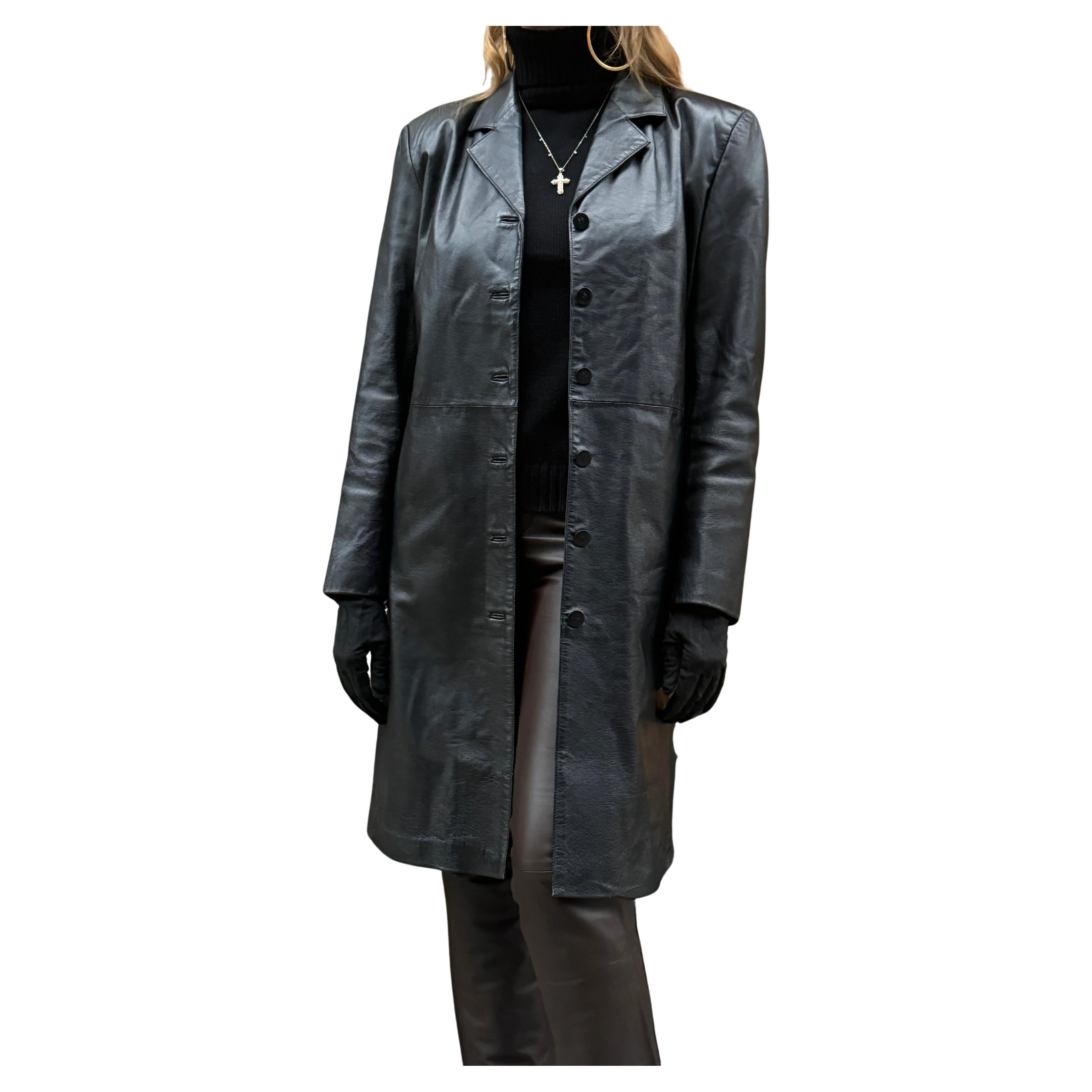 Vintage Black Leather Trench Coat For Sale