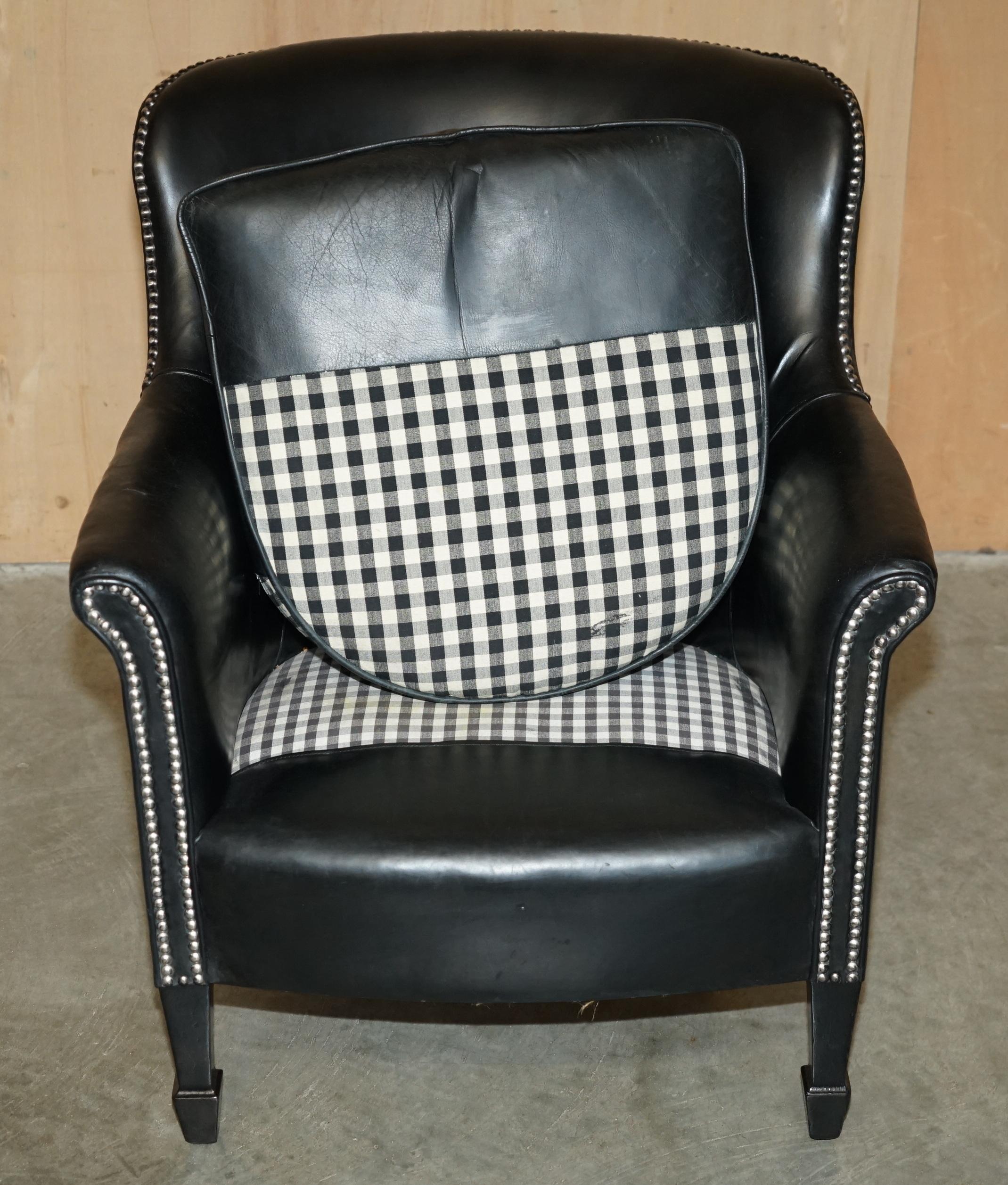 ViNTAGE BLACK LEATHER TUB CLUB ARMCHAIR WITH HAND STUDDED UPHOLSTERY For Sale 3