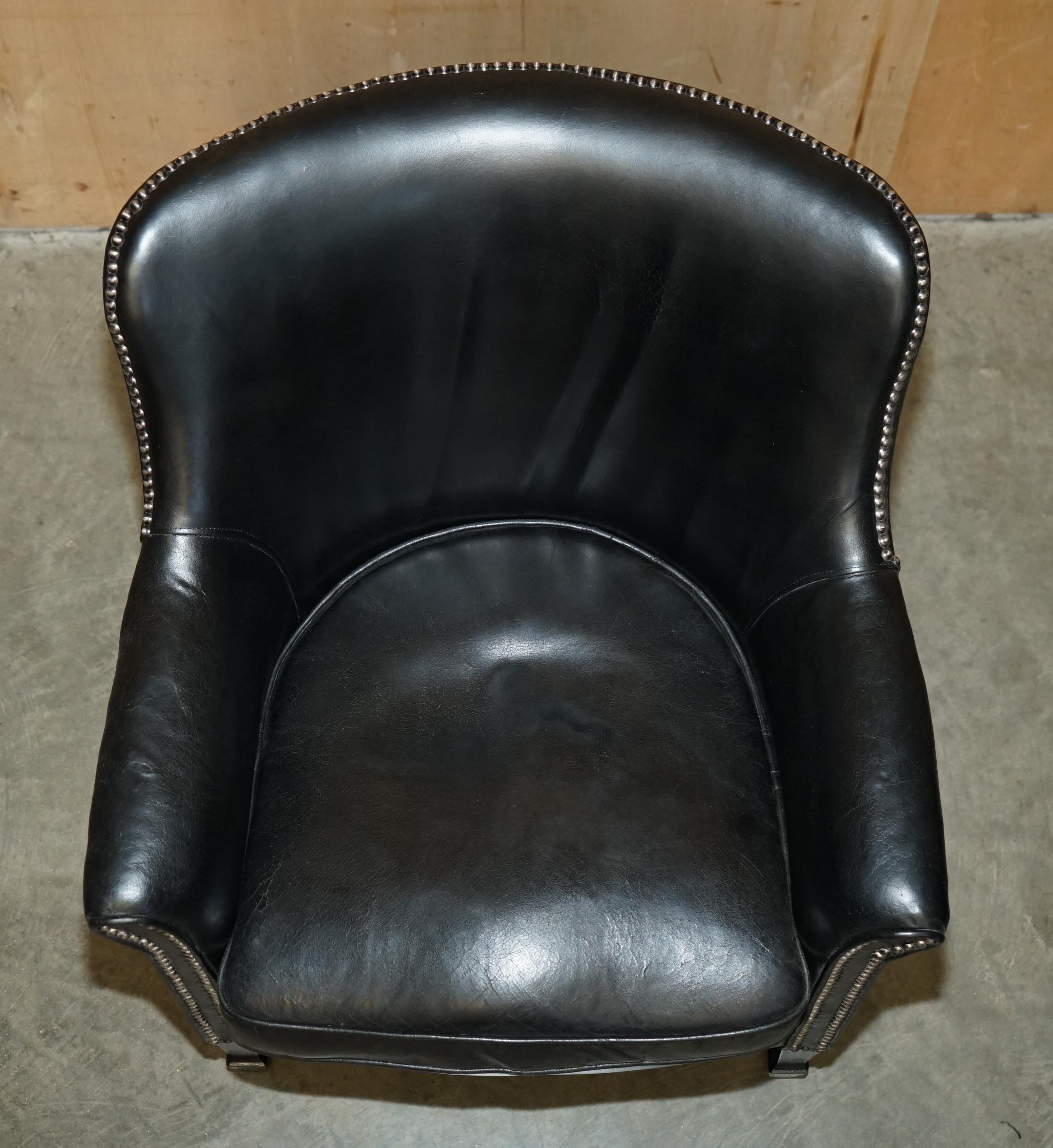 English ViNTAGE BLACK LEATHER TUB CLUB ARMCHAIR WITH HAND STUDDED UPHOLSTERY For Sale