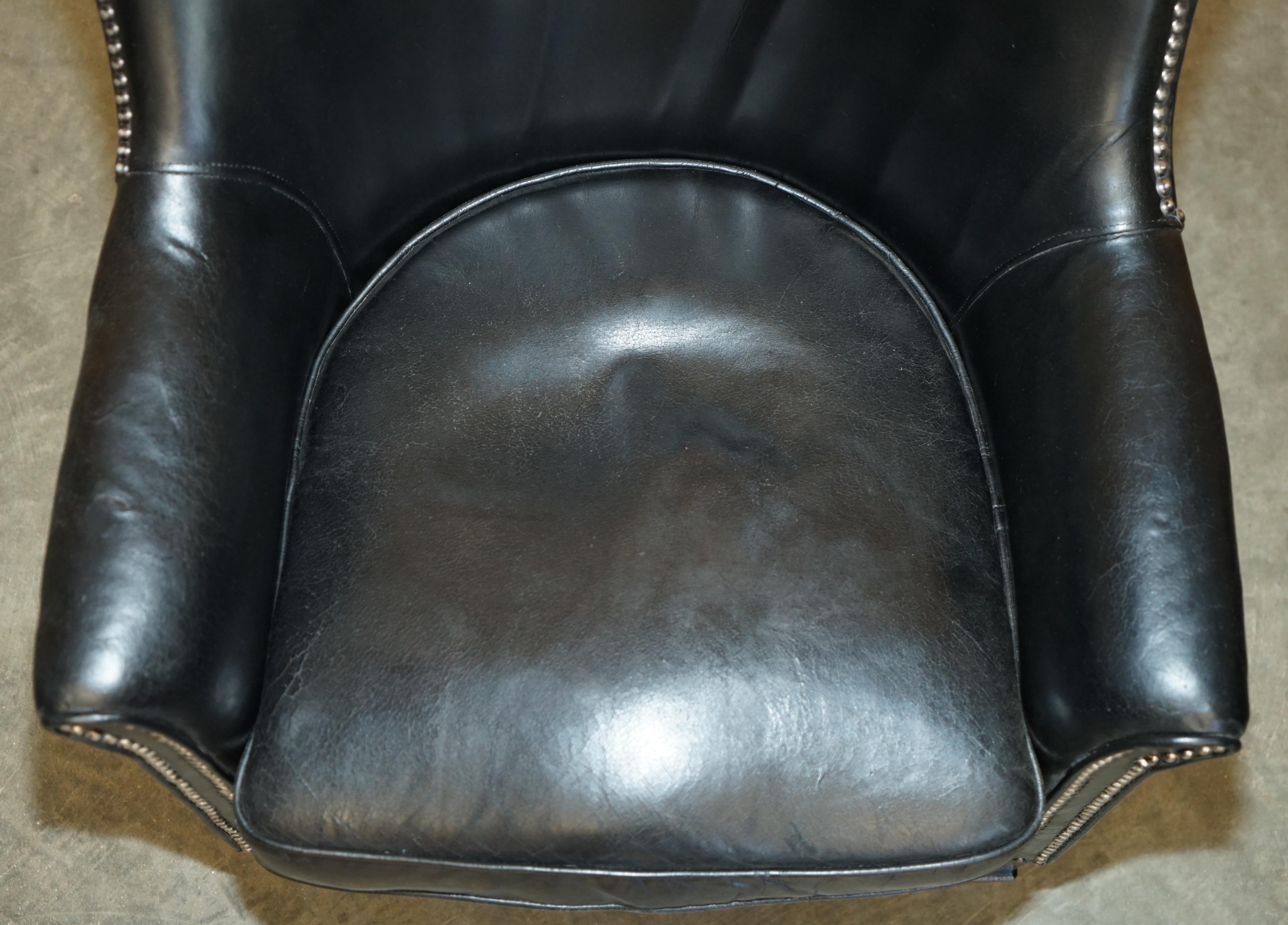 Leather ViNTAGE BLACK LEATHER TUB CLUB ARMCHAIR WITH HAND STUDDED UPHOLSTERY For Sale
