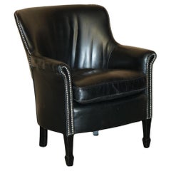 ViNTAGE BLACK LEATHER TUB CLUB ARMCHAIR WITH HAND STUDDED UPHOLSTERY
